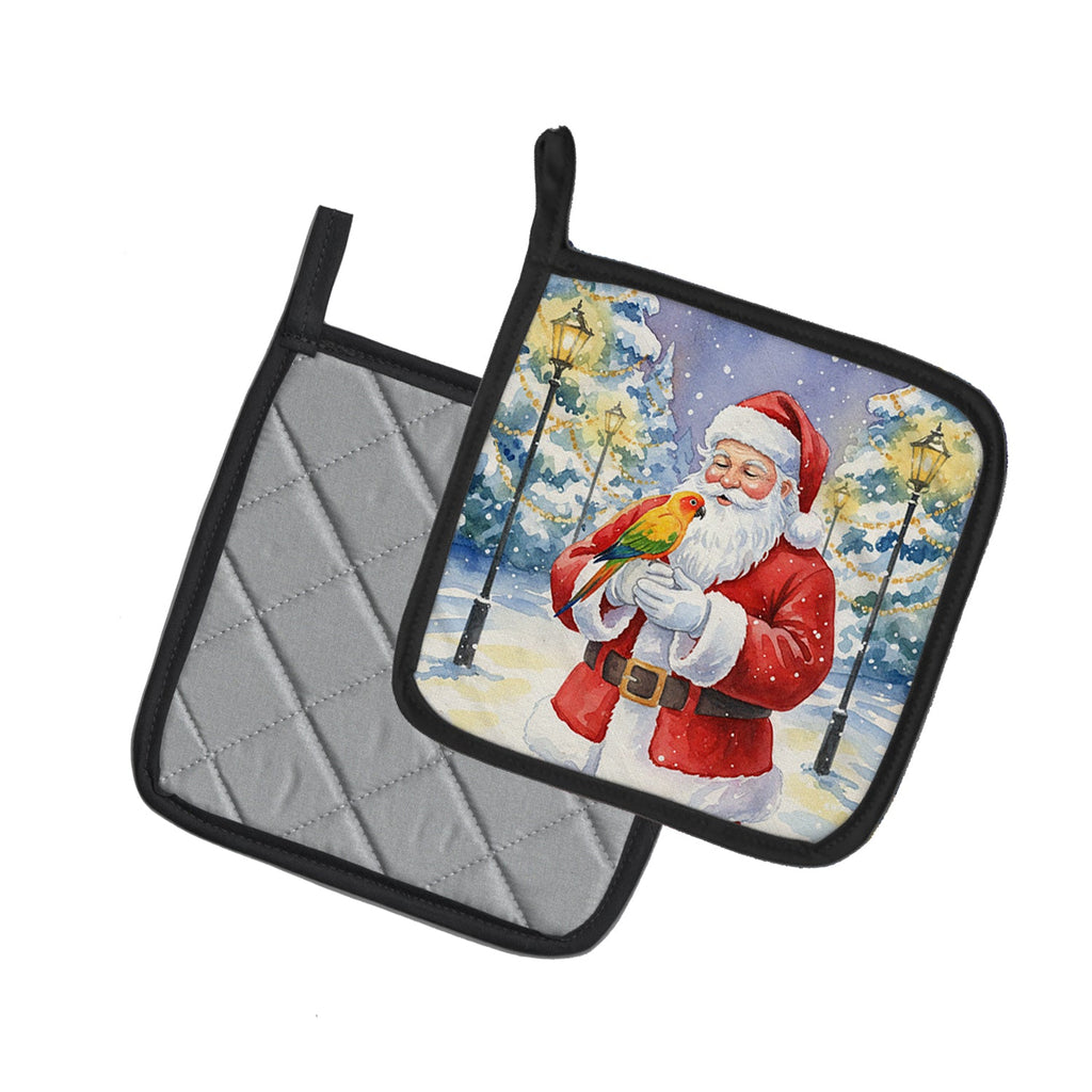 Sun Conure with Santa Claus Pot Holder Set of 2 Heat Resistant Quilted Hot Pads 7.5 x 7.5 Inch, Insulated Kitchen Trivets for Cooking & Baking