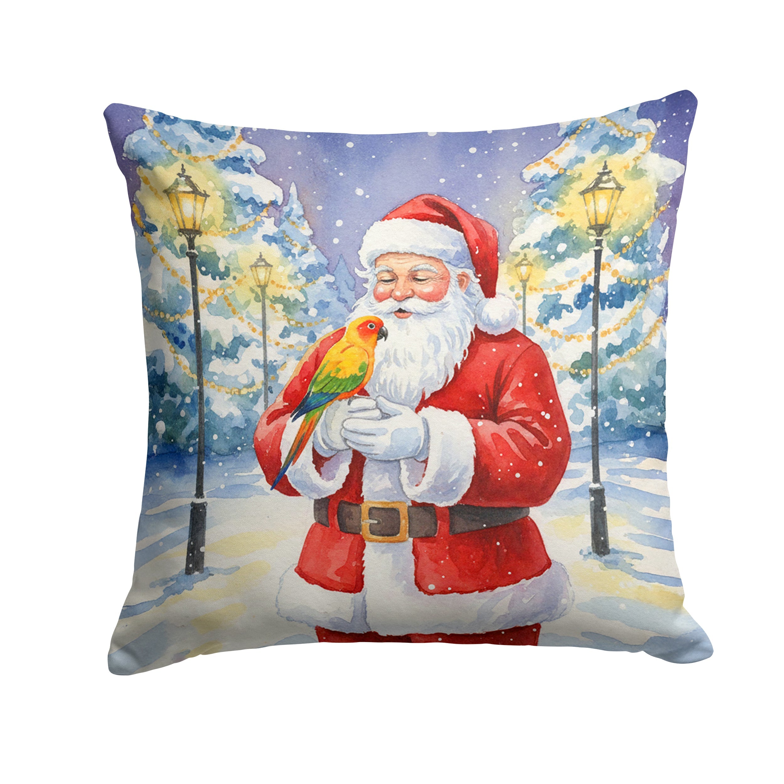 Sun Conure with Santa Claus Decorative Throw Pillow 18x18 Indoor Outdoor Accent Cushion, Fabric Cover with Insert for Sofa, Bed, Porch & Living Room