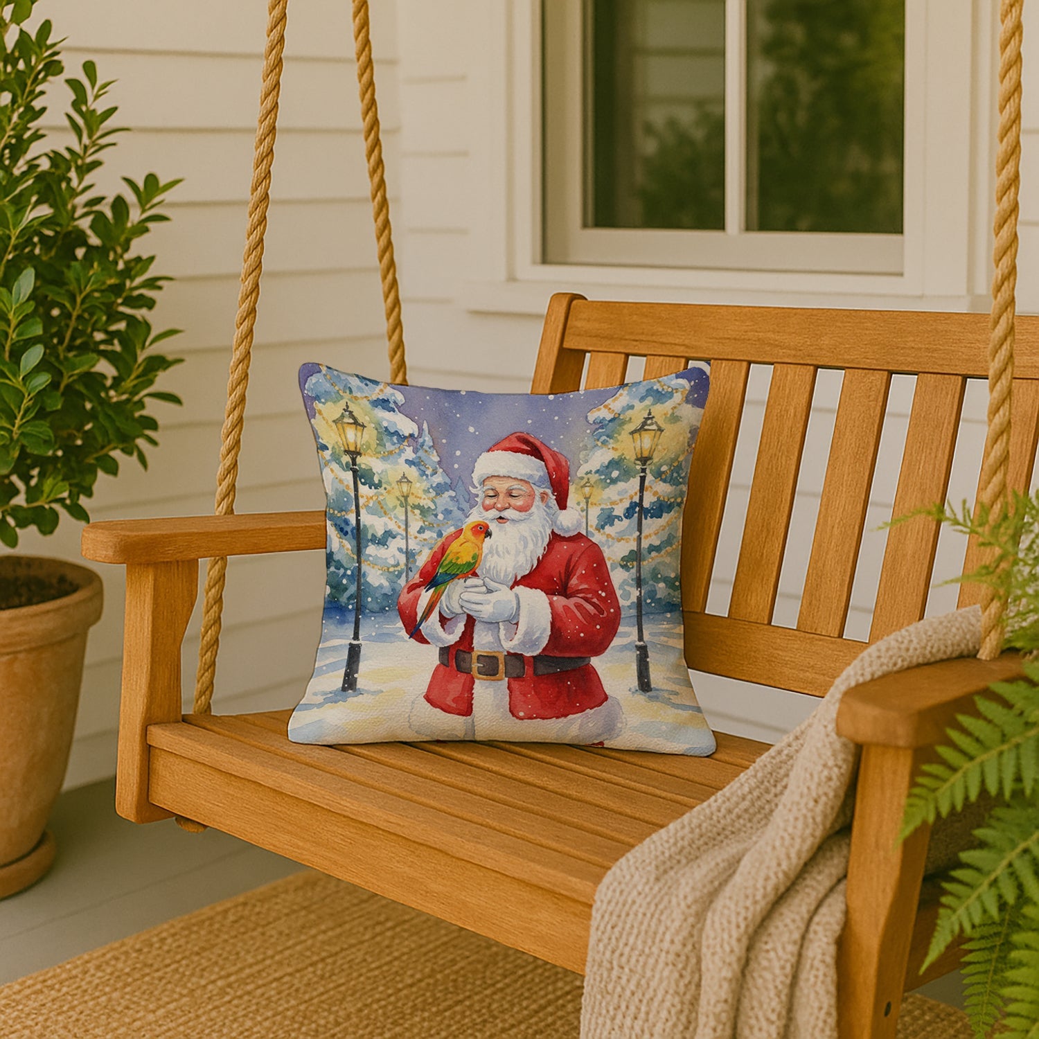 Sun Conure with Santa Claus Decorative Throw Pillow 18x18 Indoor Outdoor Accent Cushion, Fabric Cover with Insert for Sofa, Bed, Porch & Living Room