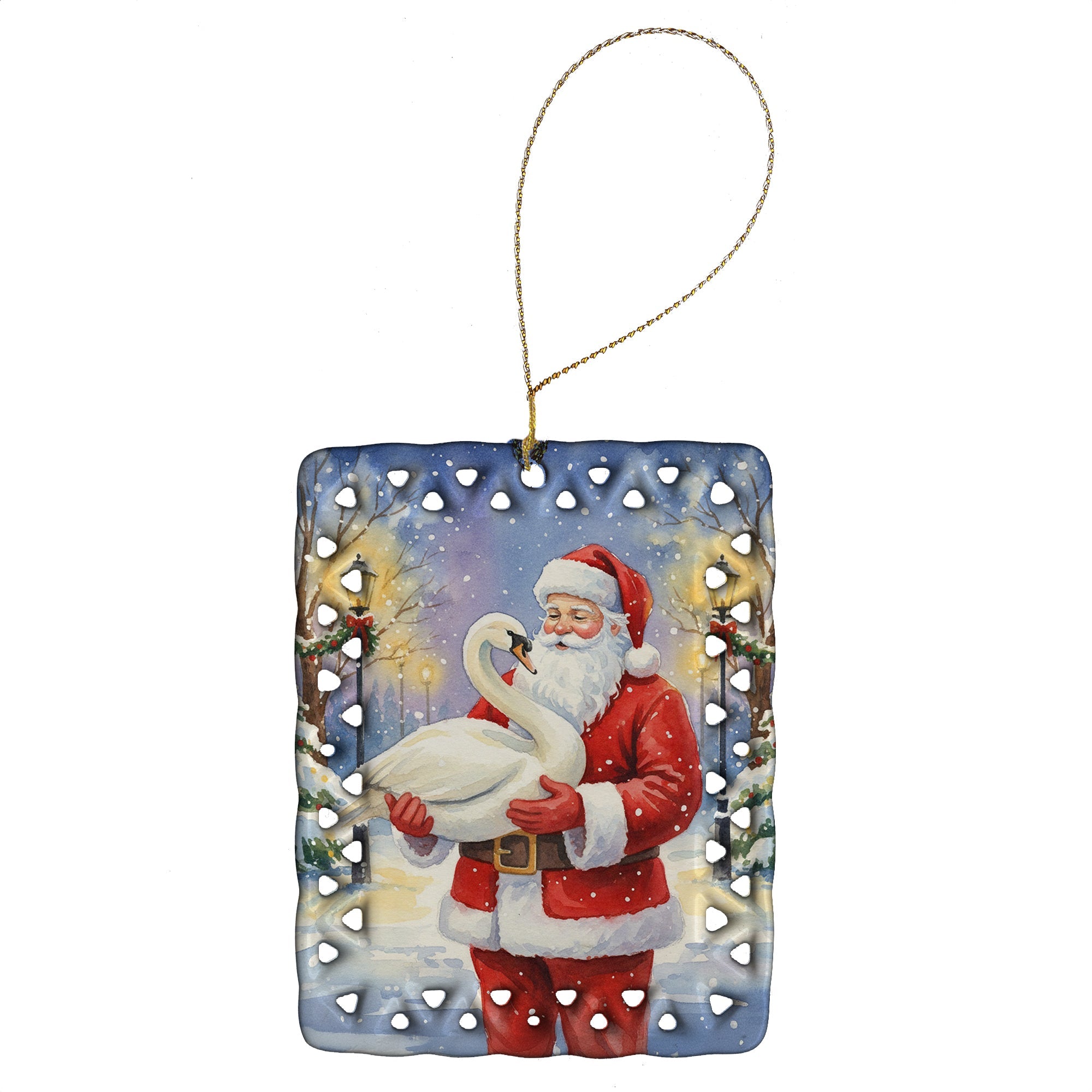 Swan with Santa Claus Porcelain Ornament Christmas Tree Hanging Decorations for Home Christmas Holiday, Rectangle, Gift, Multicolor