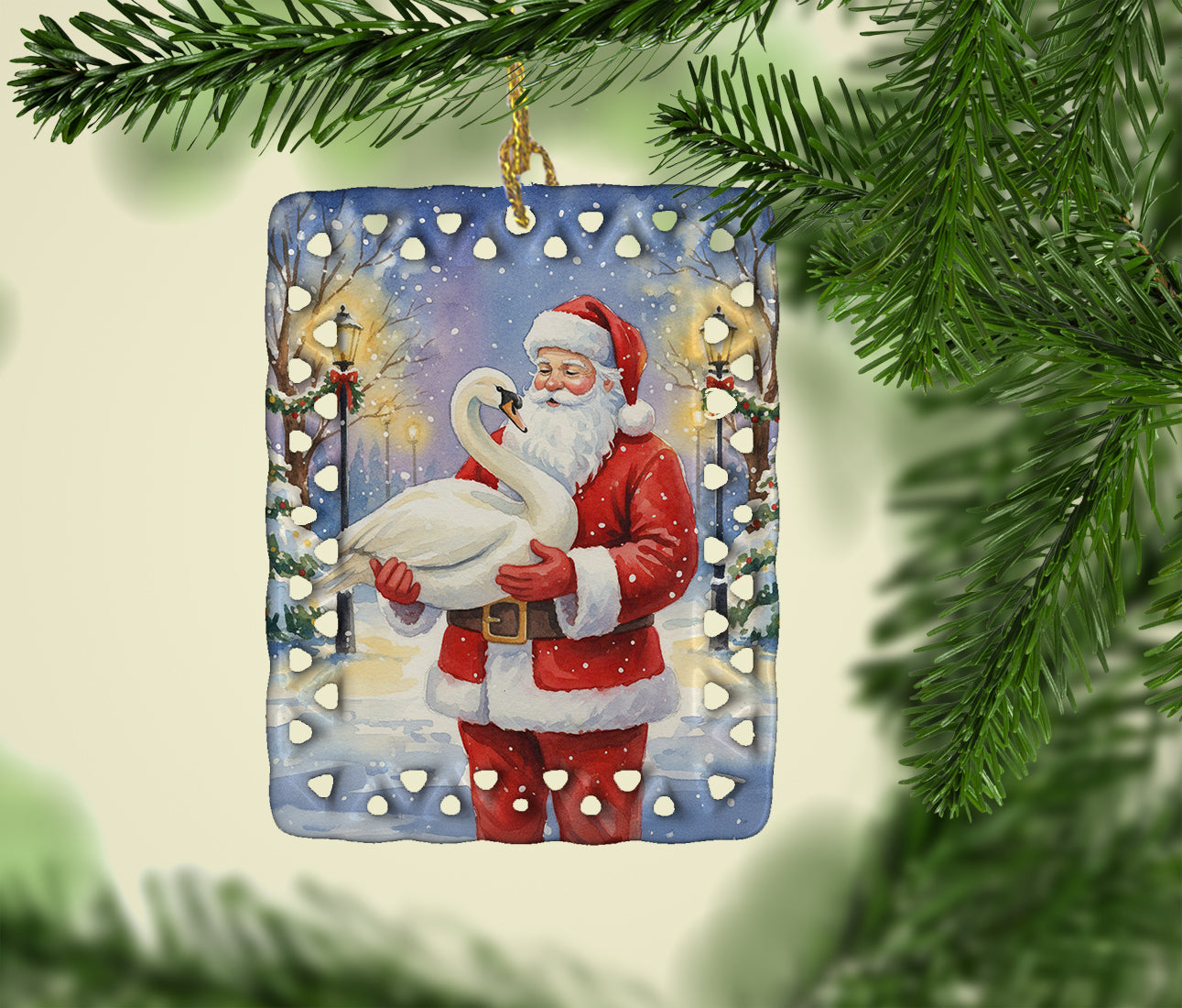 Swan with Santa Claus Porcelain Ornament Christmas Tree Hanging Decorations for Home Christmas Holiday, Rectangle, Gift, Multicolor
