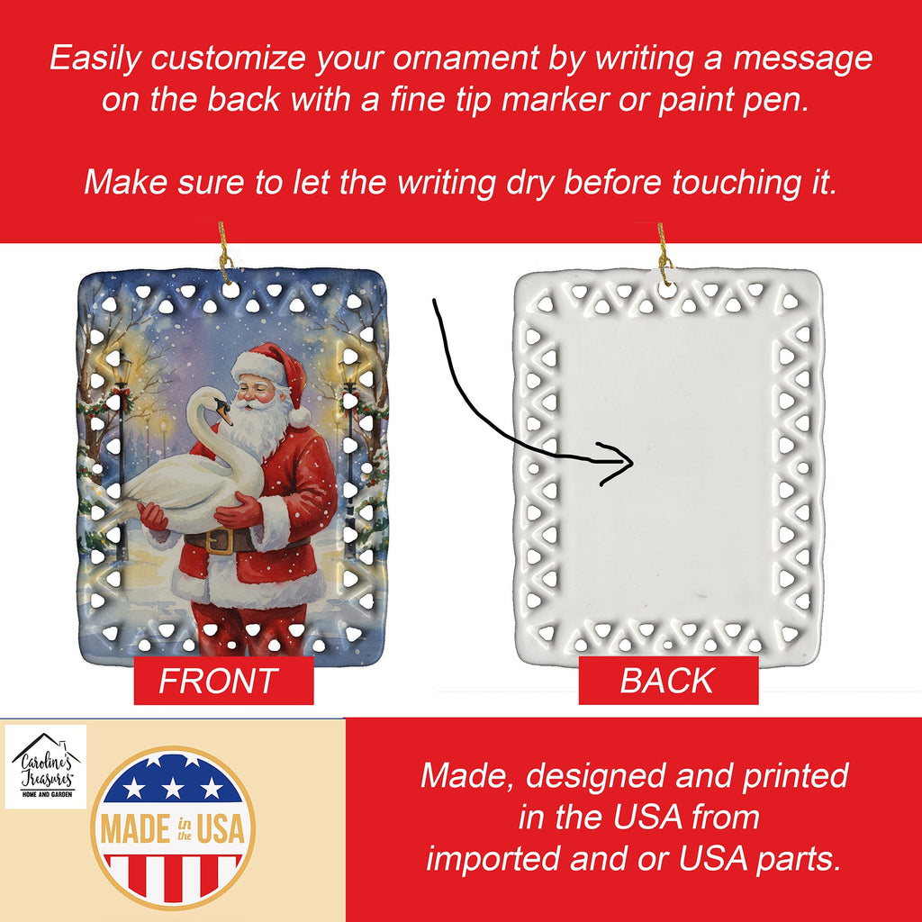 Swan with Santa Claus Porcelain Ornament Christmas Tree Hanging Decorations for Home Christmas Holiday, Rectangle, Gift, Multicolor
