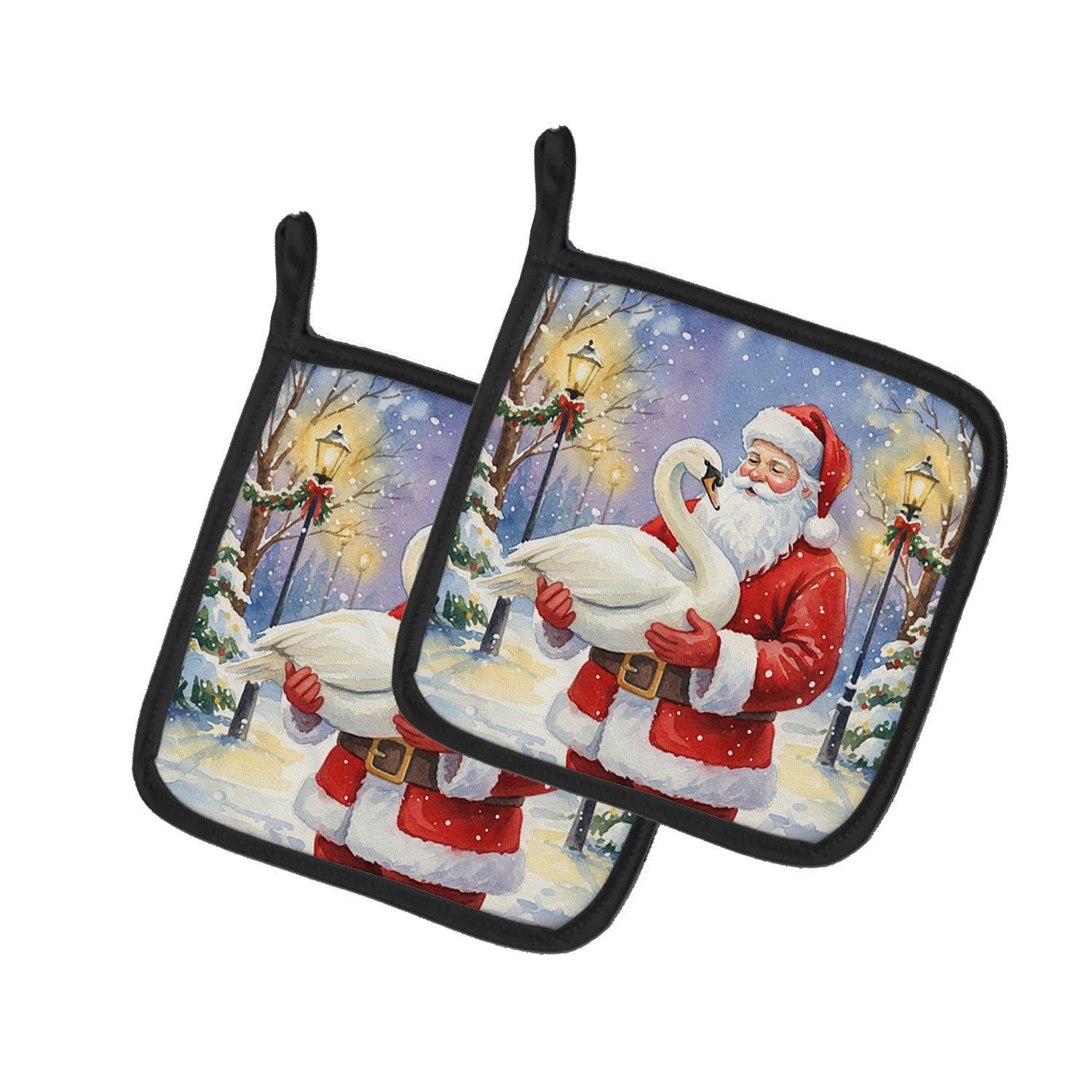 Swan with Santa Claus Pot Holder Set of 2 Heat Resistant Quilted Hot Pads 7.5 x 7.5 Inch, Insulated Kitchen Trivets for Cooking & Baking