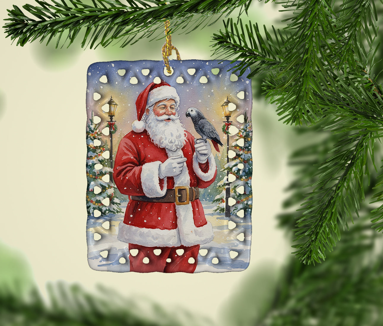 Timneh African Grey with Santa Claus Porcelain Ornament Christmas Tree Hanging Decorations for Home Christmas Holiday, Rectangle, Gift, Multicolor