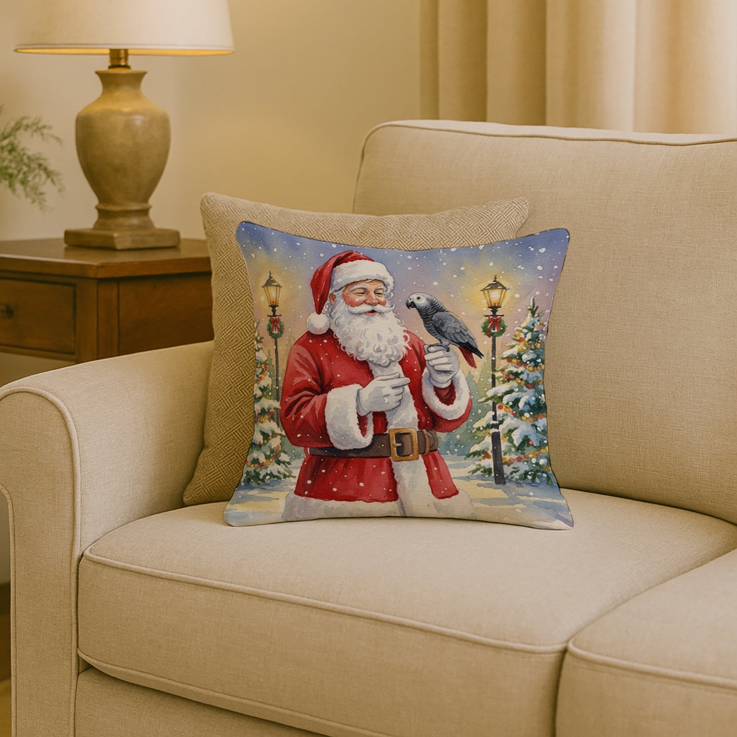Timneh African Grey with Santa Claus Decorative Throw Pillow 18x18 Indoor Outdoor Accent Cushion, Fabric Cover with Insert for Sofa, Bed, Porch & Living Room
