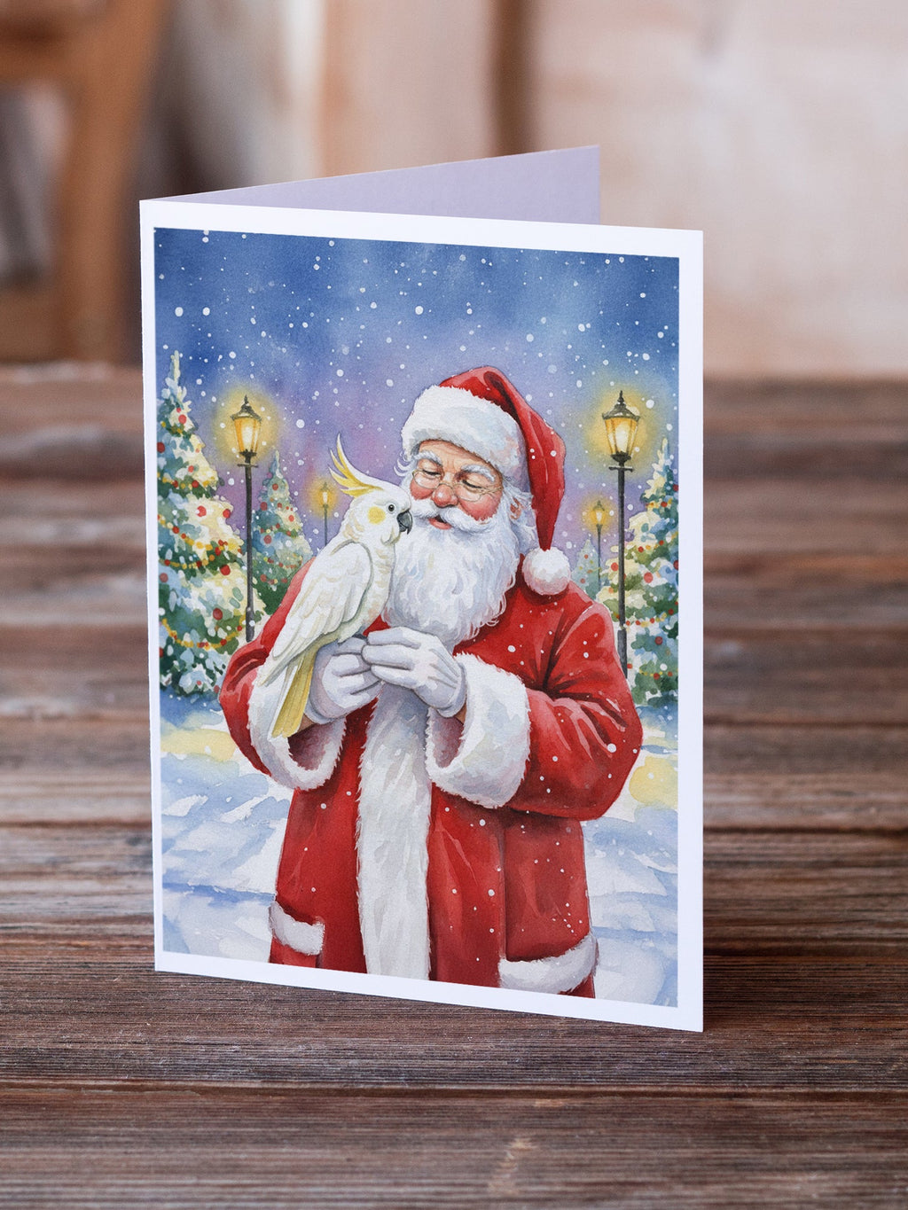Umbrella Cockatoo with Santa Claus Greeting Cards Pack of 8 Blank Cards with Envelopes Whimsical A7 Size 5x7