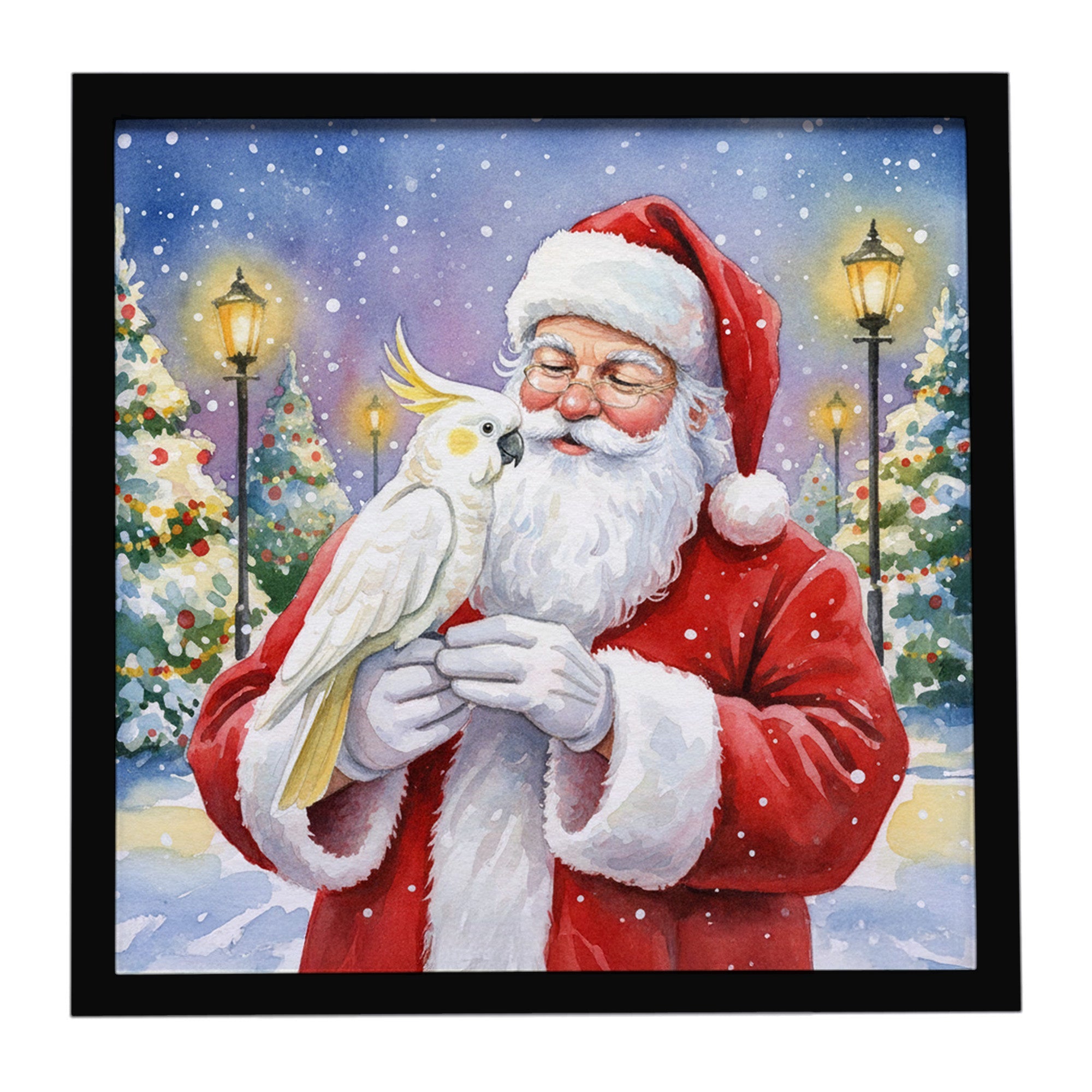 Umbrella Cockatoo with Santa Claus Framed Metal Print Bathroom, Kitchen, Office, Home Decor Wall Art Ready to Hang, Square, 8X8
