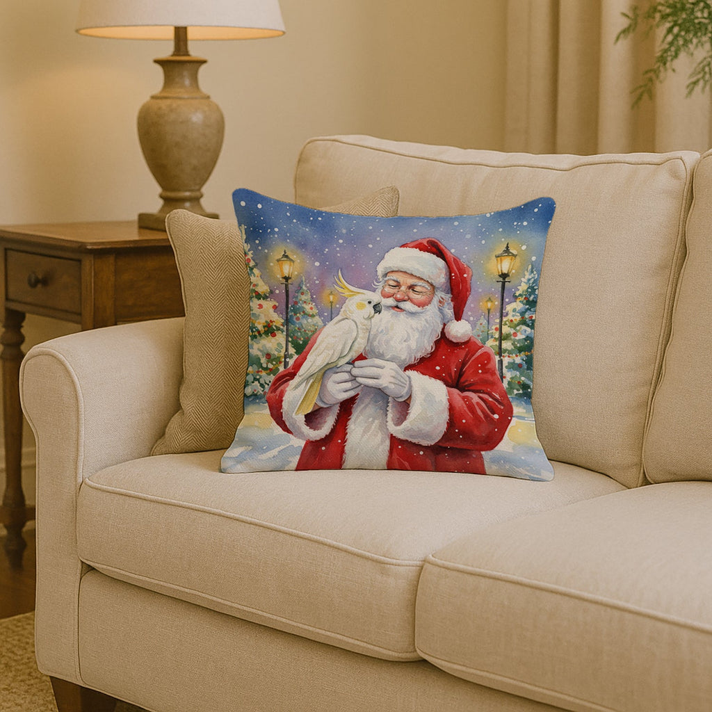Umbrella Cockatoo with Santa Claus Decorative Throw Pillow 14x14 Indoor Outdoor Accent Cushion, Fabric Cover with Insert for Sofa, Bed, Porch & Living Room