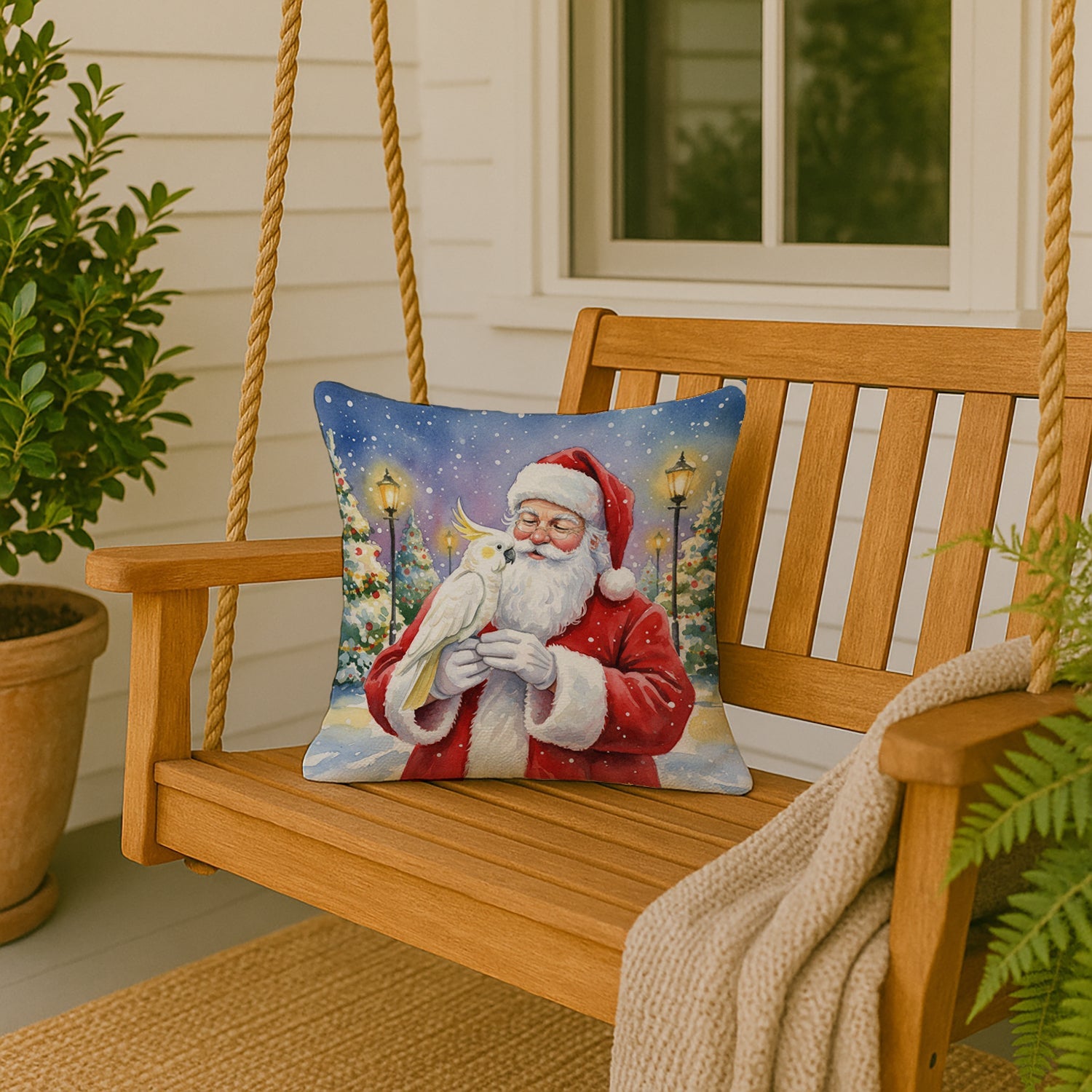 Umbrella Cockatoo with Santa Claus Decorative Throw Pillow 18x18 Indoor Outdoor Accent Cushion, Fabric Cover with Insert for Sofa, Bed, Porch & Living Room