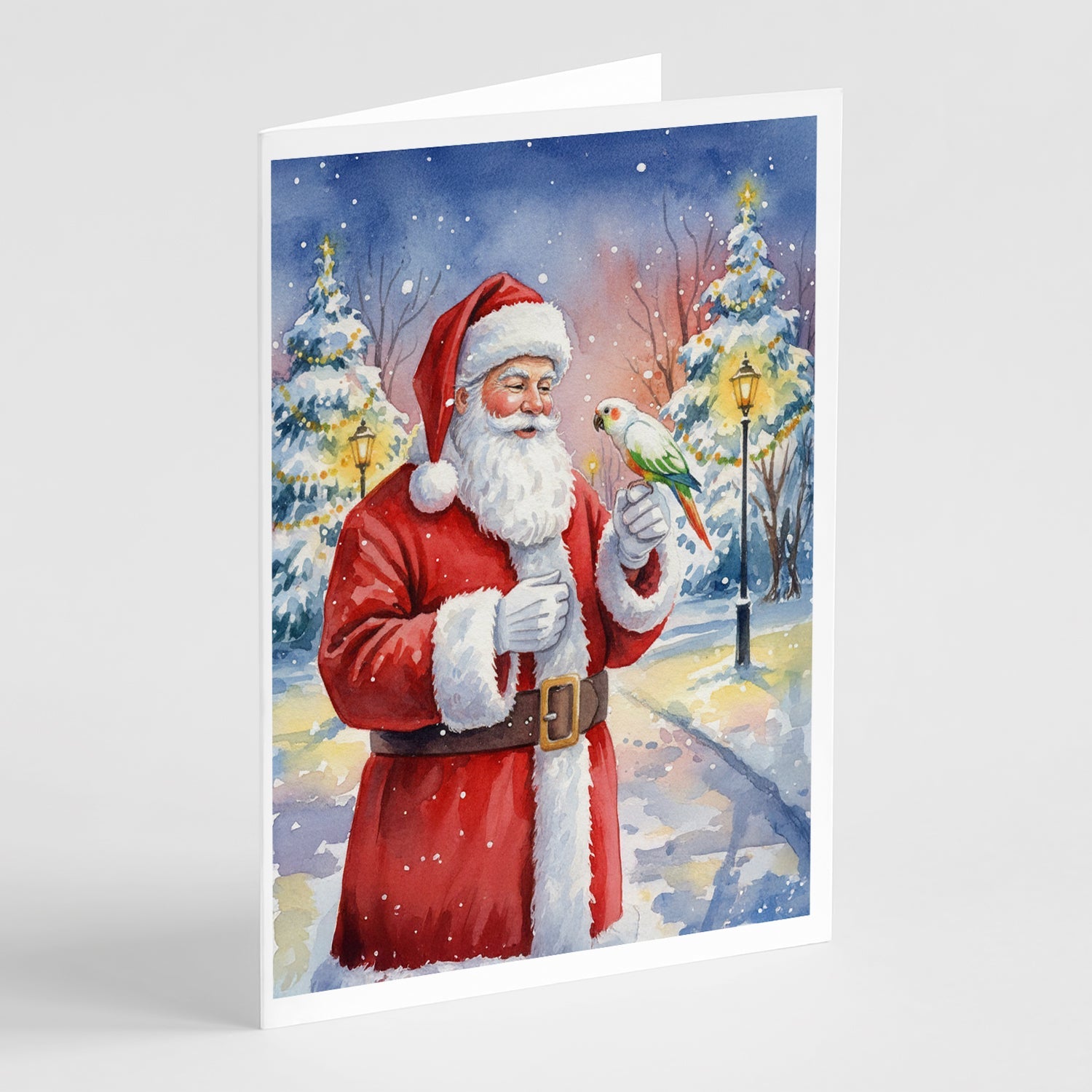 White Bellied Caique with Santa Claus Greeting Cards Pack of 8 Blank Cards with Envelopes Whimsical A7 Size 5x7