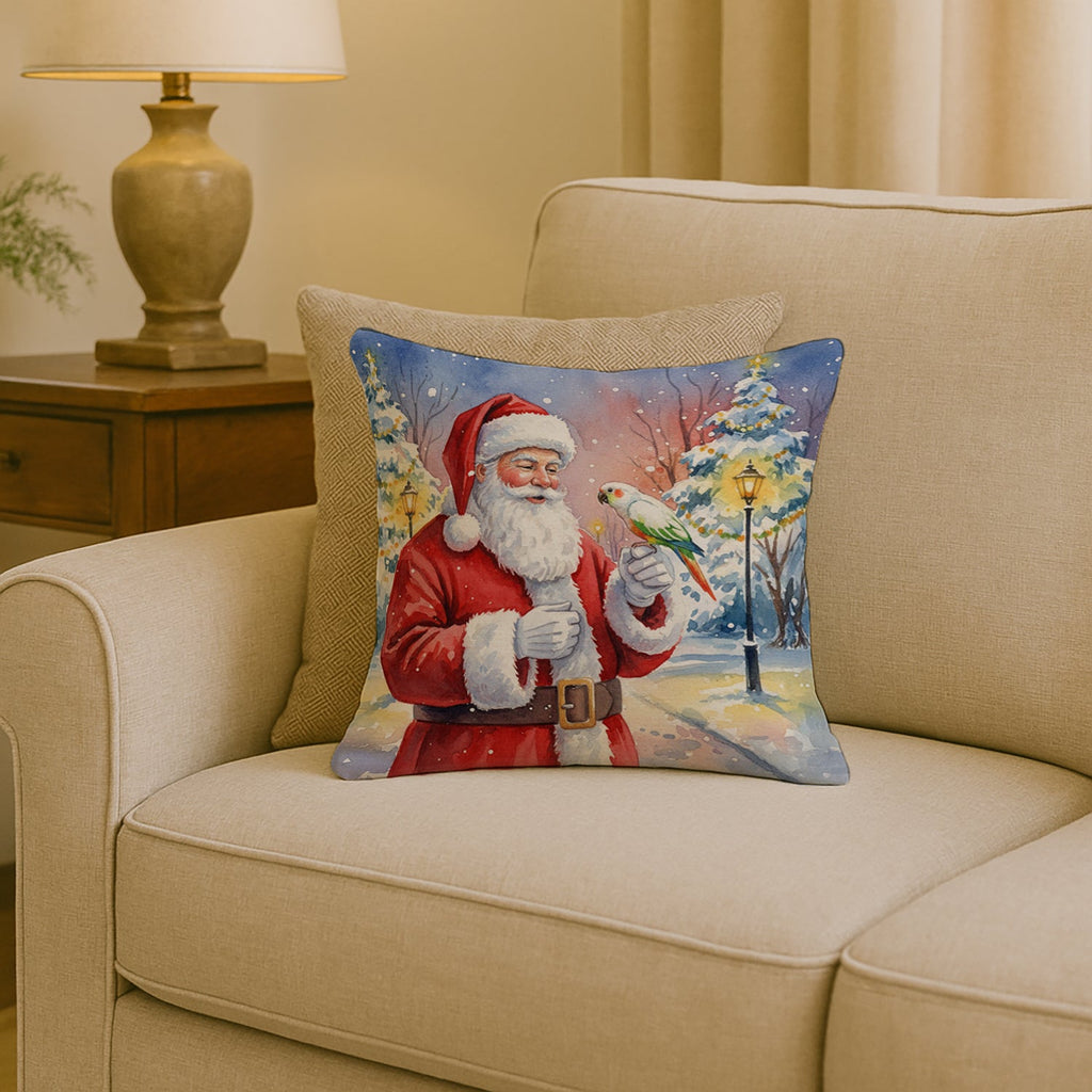 White Bellied Caique with Santa Claus Decorative Throw Pillow 18x18 Indoor Outdoor Accent Cushion, Fabric Cover with Insert for Sofa, Bed, Porch & Living Room