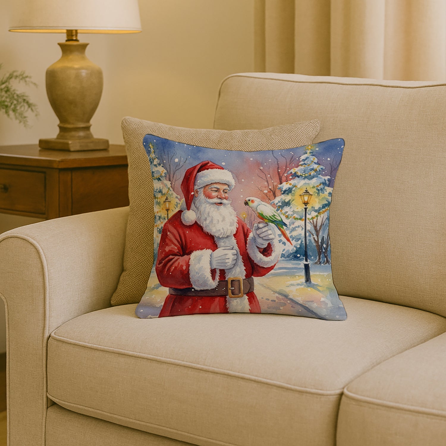 White Bellied Caique with Santa Claus Decorative Throw Pillow 18x18 Indoor Outdoor Accent Cushion, Fabric Cover with Insert for Sofa, Bed, Porch & Living Room