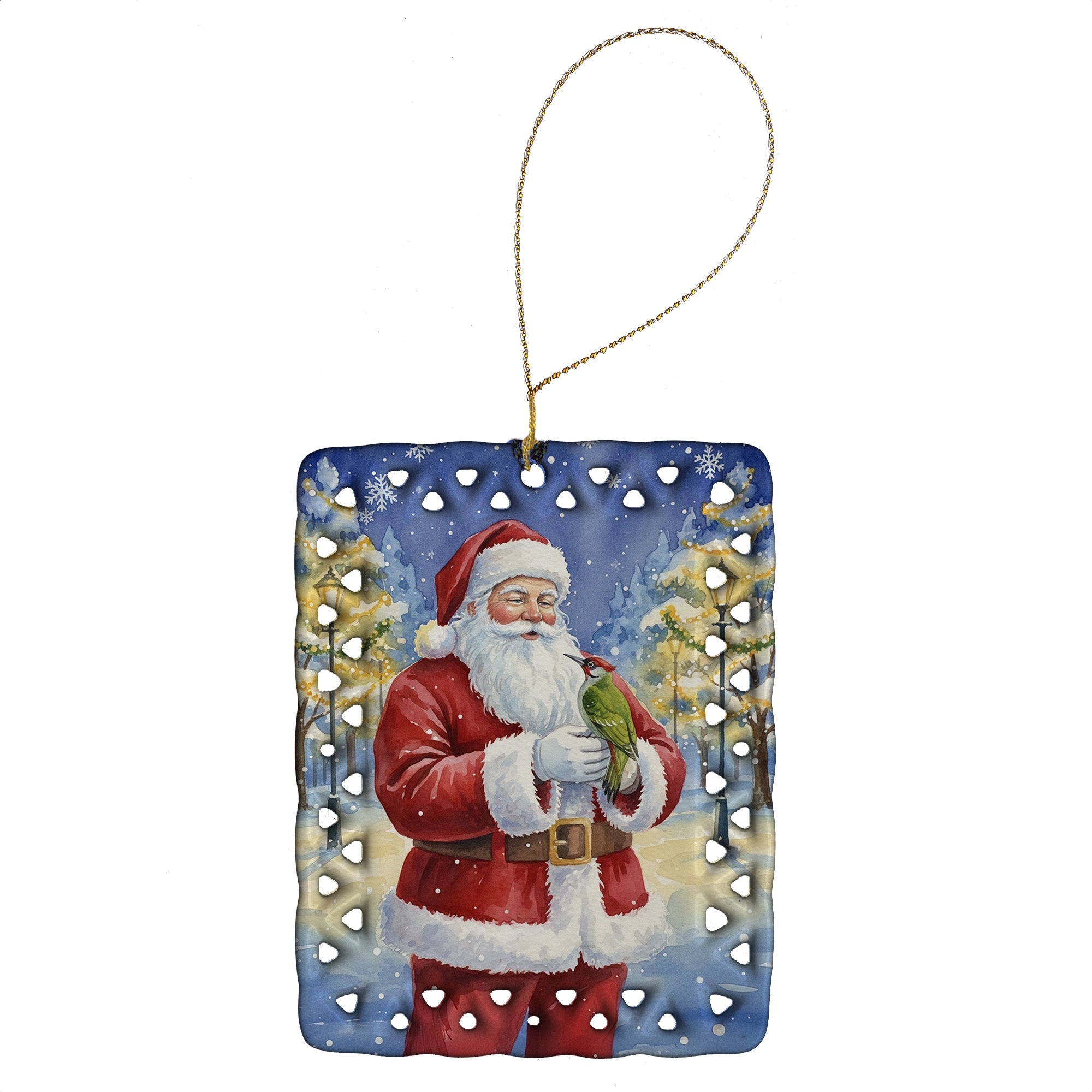 Woodpecker with Santa Claus Porcelain Ornament Christmas Tree Hanging Decorations for Home Christmas Holiday, Rectangle, Gift, Multicolor