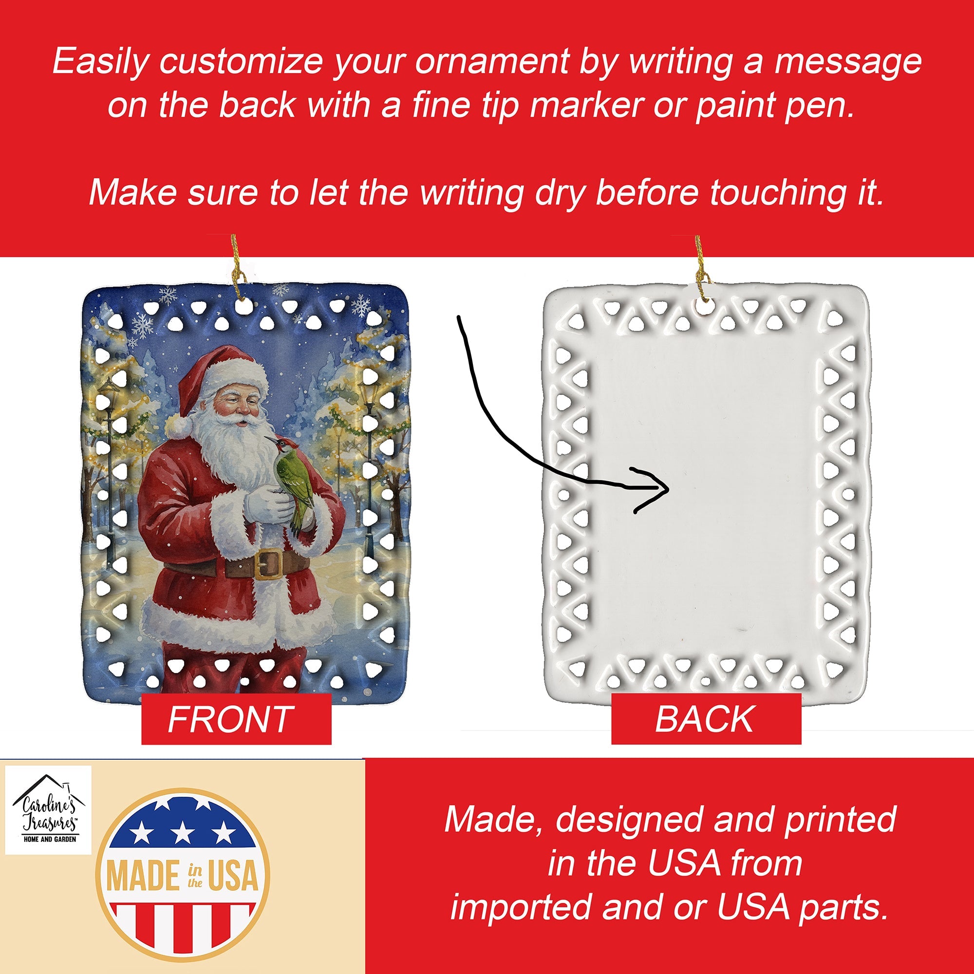 Woodpecker with Santa Claus Porcelain Ornament Christmas Tree Hanging Decorations for Home Christmas Holiday, Rectangle, Gift, Multicolor