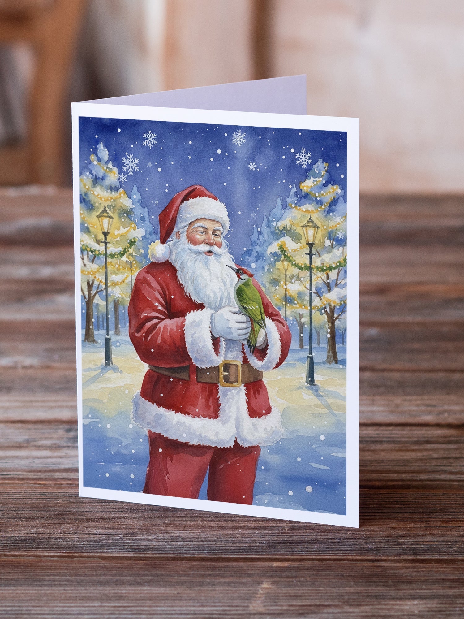 Woodpecker with Santa Claus Greeting Cards Pack of 8 Blank Cards with Envelopes Whimsical A7 Size 5x7
