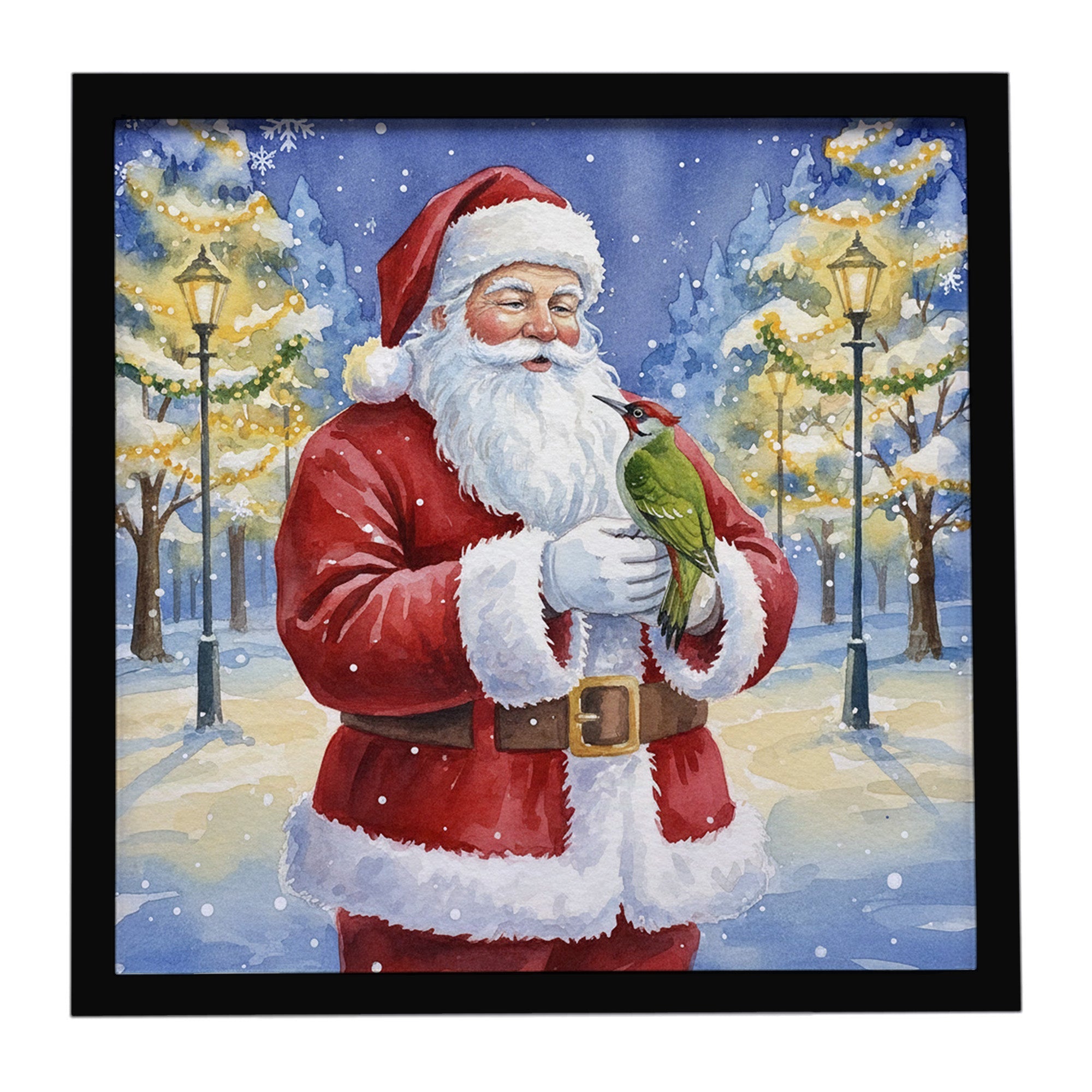 Woodpecker with Santa Claus Framed Metal Print Bathroom, Kitchen, Office, Home Decor Wall Art Ready to Hang, Square, 8X8
