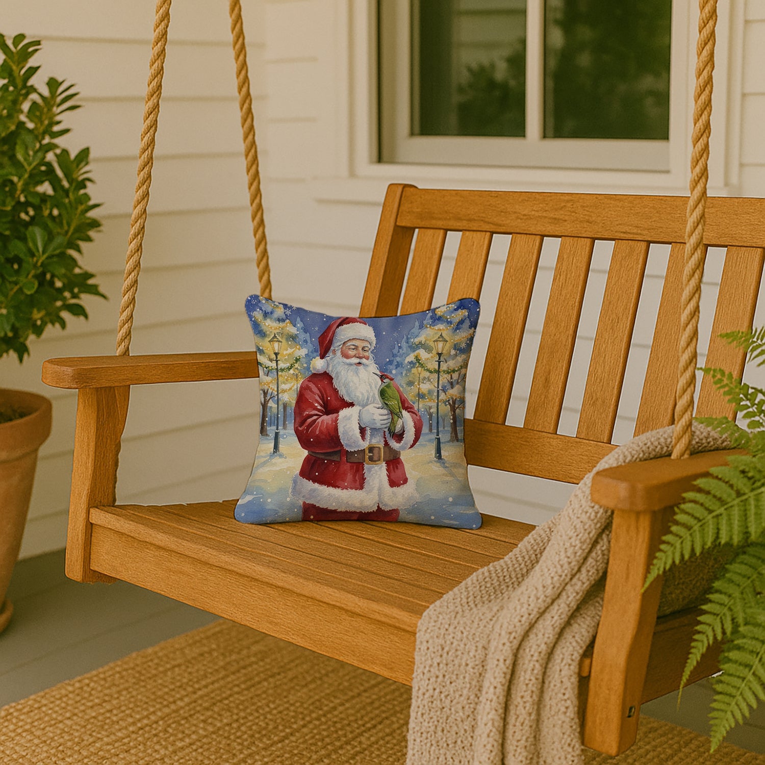 Woodpecker with Santa Claus Decorative Throw Pillow 14x14 Indoor Outdoor Accent Cushion, Fabric Cover with Insert for Sofa, Bed, Porch & Living Room
