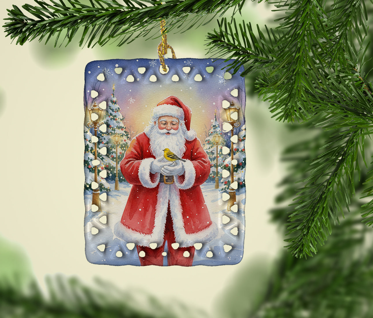 Yellowhammer with Santa Claus Porcelain Ornament Christmas Tree Hanging Decorations for Home Christmas Holiday, Rectangle, Gift, Multicolor