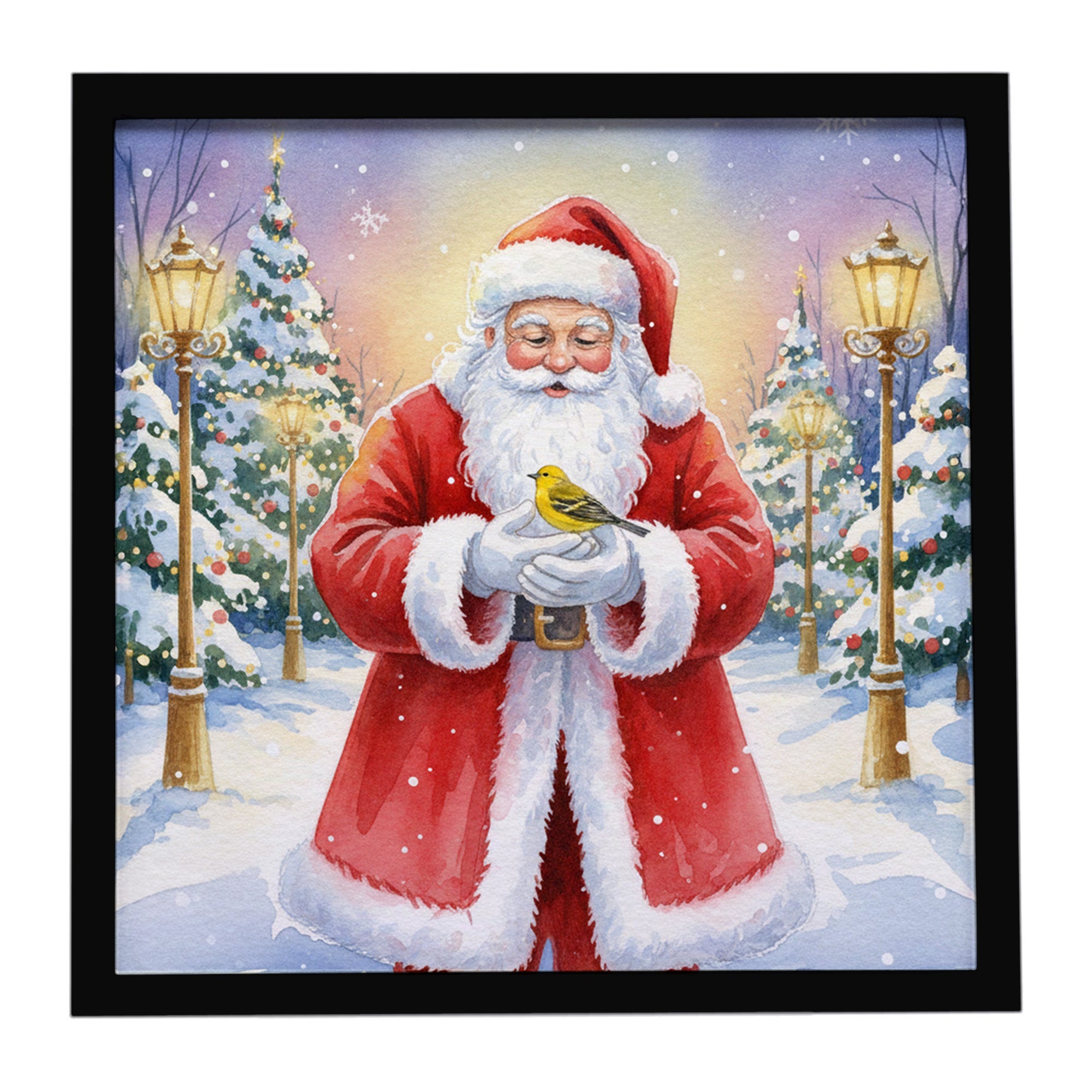 Yellowhammer with Santa Claus Framed Metal Print Bathroom, Kitchen, Office, Home Decor Wall Art Ready to Hang, Square, 8X8