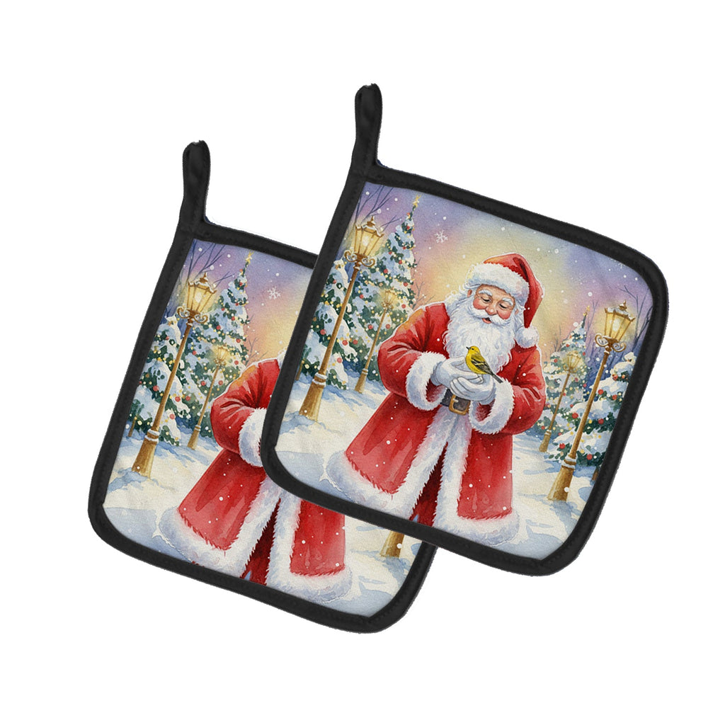 Yellowhammer with Santa Claus Pot Holder Set of 2 Heat Resistant Quilted Hot Pads 7.5 x 7.5 Inch, Insulated Kitchen Trivets for Cooking & Baking