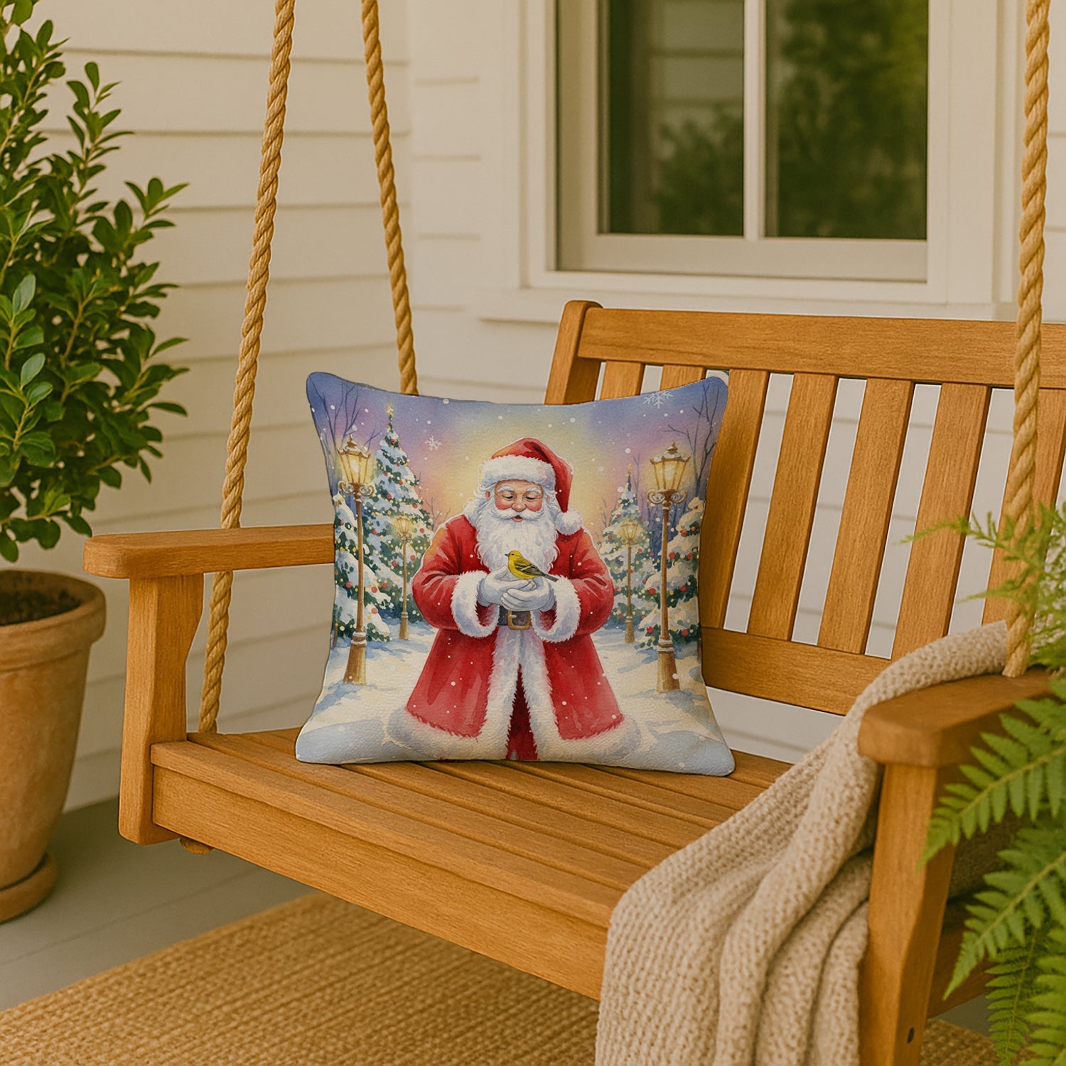 Yellowhammer with Santa Claus Decorative Throw Pillow 18x18 Indoor Outdoor Accent Cushion, Fabric Cover with Insert for Sofa, Bed, Porch & Living Room