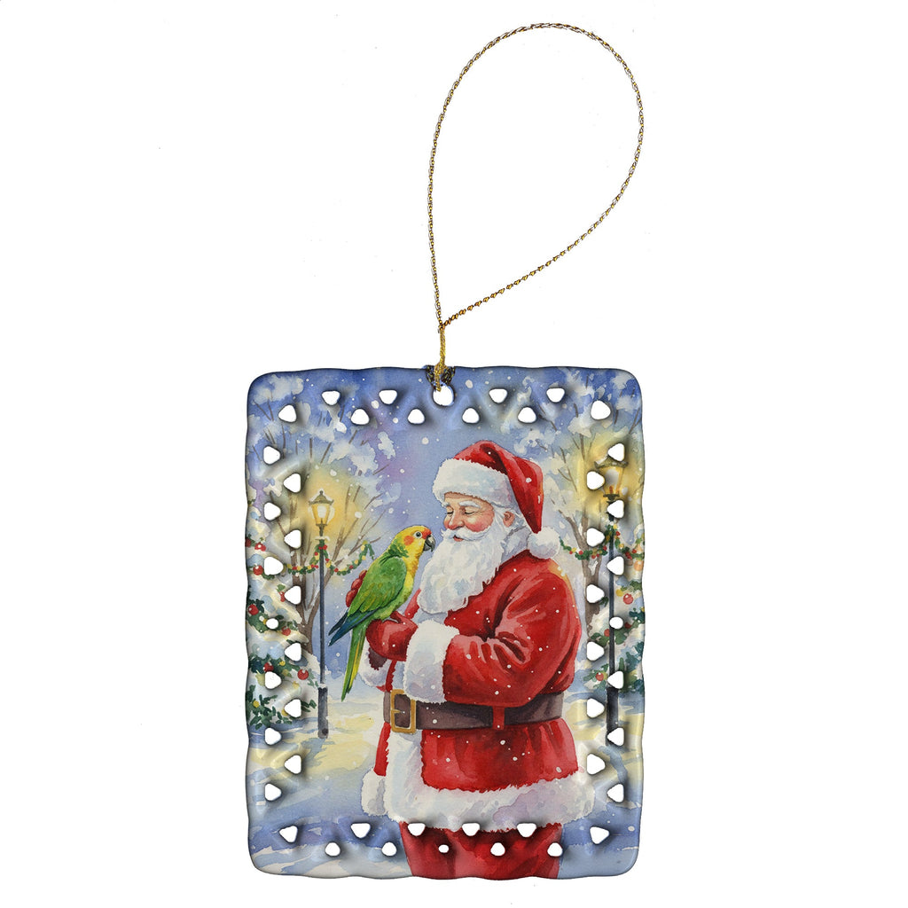 Yellow Naped Amazon with Santa Claus Porcelain Ornament Christmas Tree Hanging Decorations for Home Christmas Holiday, Rectangle, Gift, Multicolor