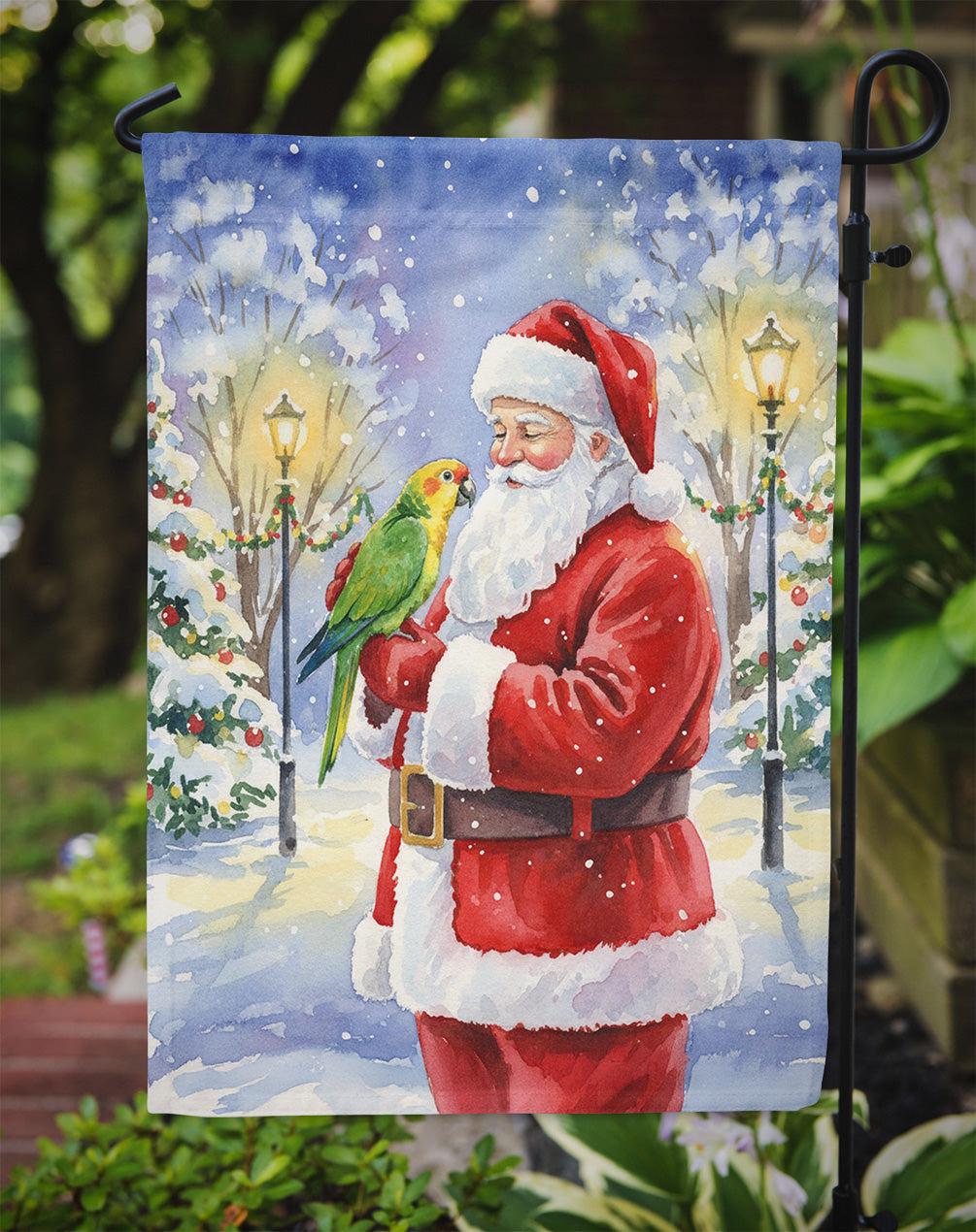 Yellow Naped Amazon with Santa Claus Garden Flag Mailbox Decorative Yard Banner Outside Patio Artwork for Flower Beds, Garden Size, Multicolor