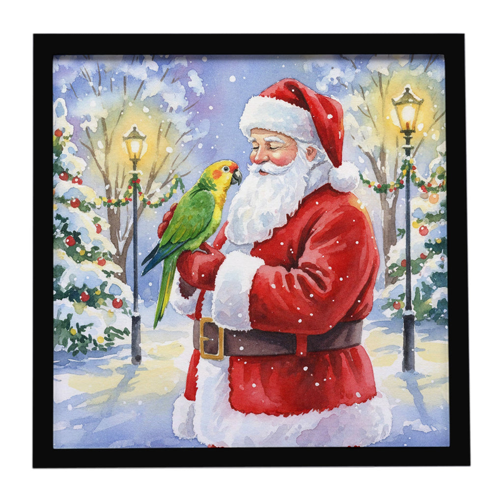 Yellow Naped Amazon with Santa Claus Framed Metal Print Bathroom, Kitchen, Office, Home Decor Wall Art Ready to Hang, Square, 8X8