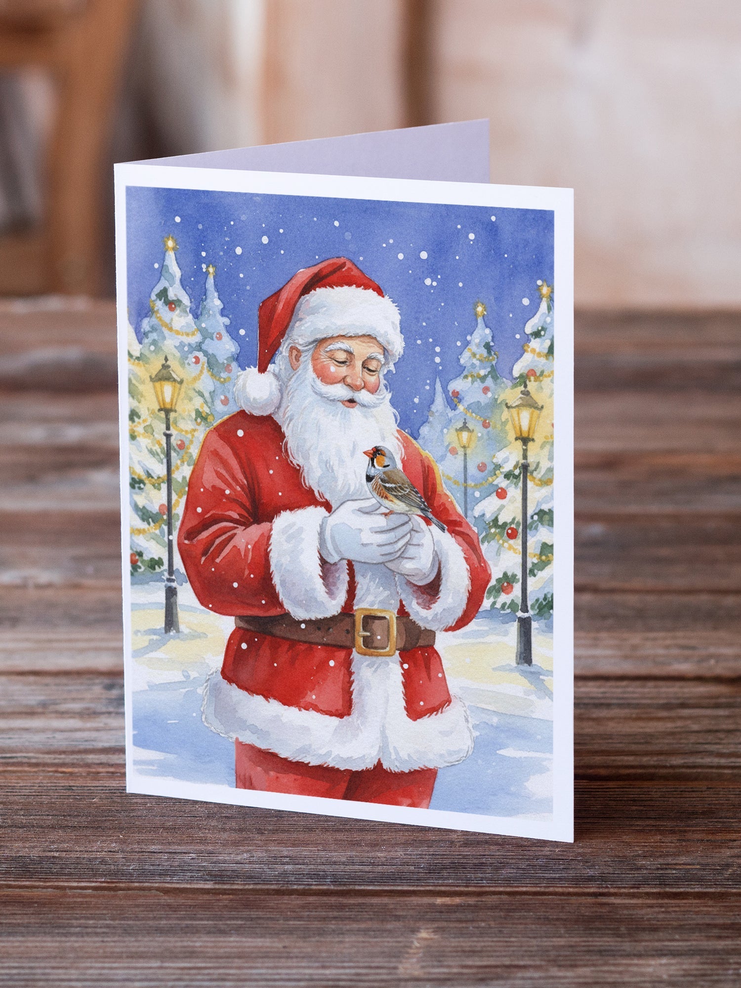 Zebra Finch with Santa Claus Greeting Cards Pack of 8 Blank Cards with Envelopes Whimsical A7 Size 5x7