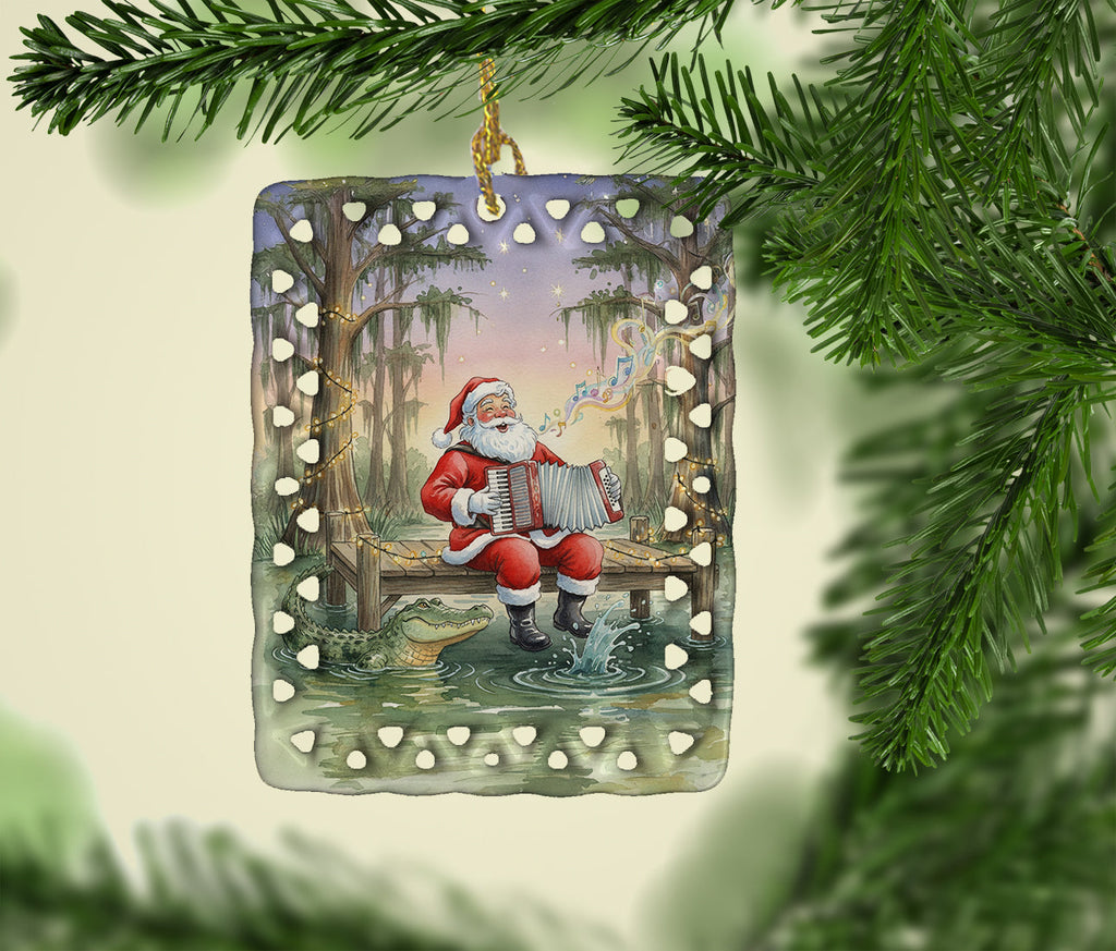 Cajun Santa Claus and the Accordion Gator Christmas Porcelain Ornament Christmas Tree Hanging Decorations for Home Christmas Holiday, Rectangle, Gift, Multicolor