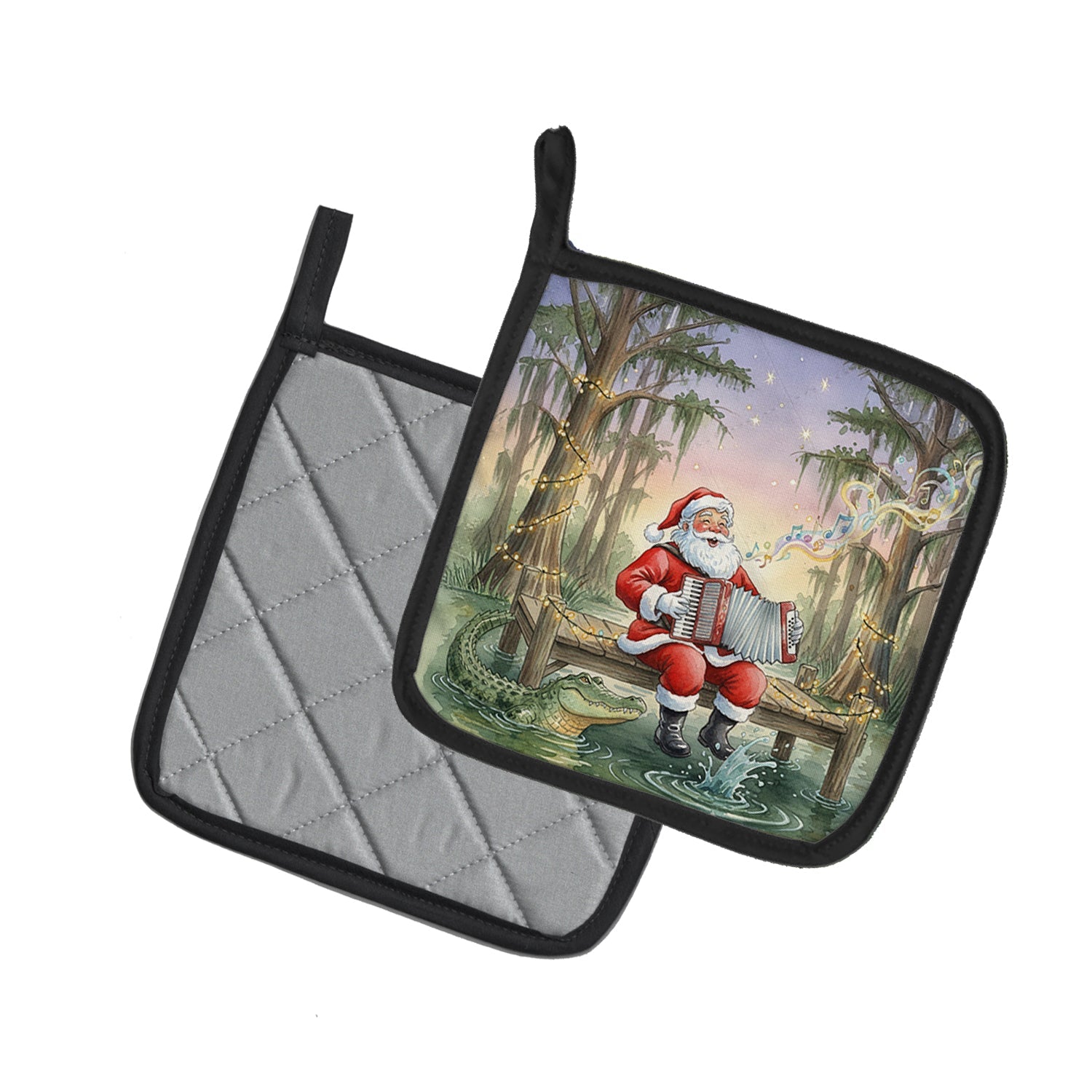 Cajun Santa Claus and the Accordion Gator Christmas Pot Holder Set of 2 Heat Resistant Quilted Hot Pads 7.5 x 7.5 Inch, Insulated Kitchen Trivets for Cooking & Baking