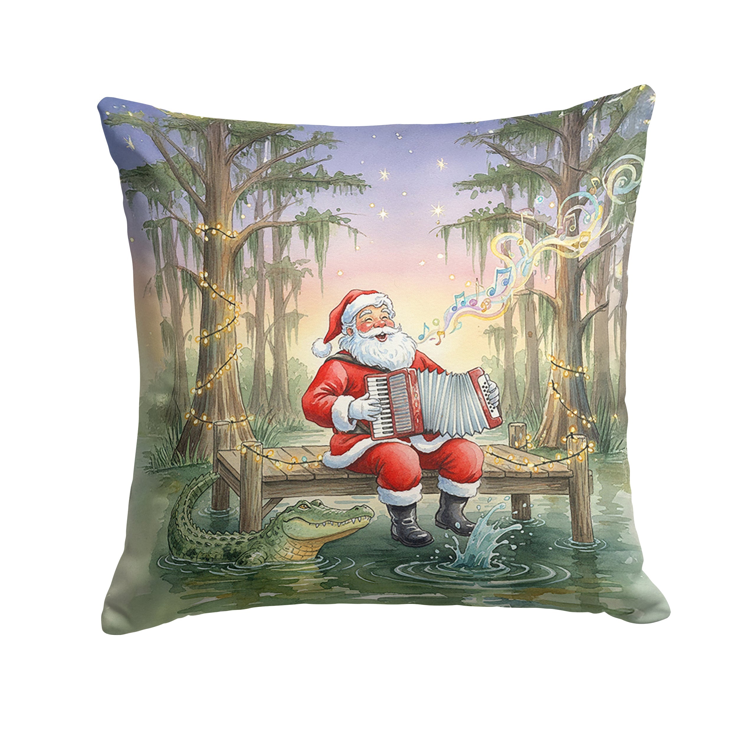 Cajun Santa Claus and the Accordion Gator Christmas Decorative Throw Pillow 14x14 Indoor Outdoor Accent Cushion, Fabric Cover with Insert for Sofa, Bed, Porch & Living Room
