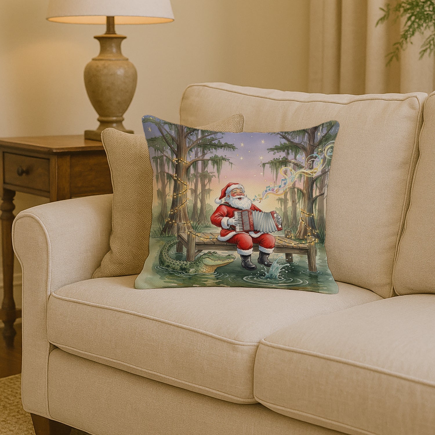 Cajun Santa Claus and the Accordion Gator Christmas Decorative Throw Pillow 14x14 Indoor Outdoor Accent Cushion, Fabric Cover with Insert for Sofa, Bed, Porch & Living Room