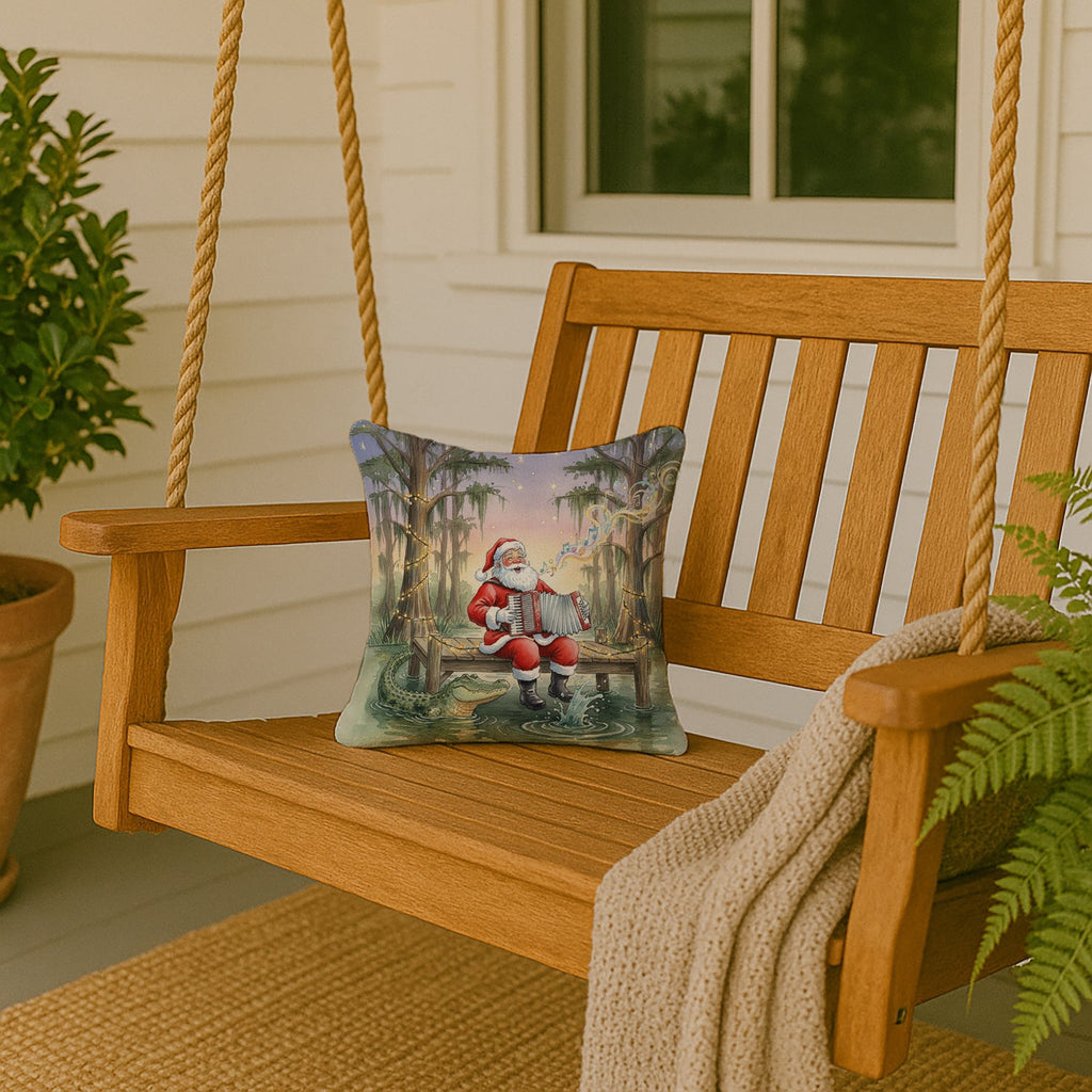 Cajun Santa Claus and the Accordion Gator Christmas Decorative Throw Pillow 14x14 Indoor Outdoor Accent Cushion, Fabric Cover with Insert for Sofa, Bed, Porch & Living Room