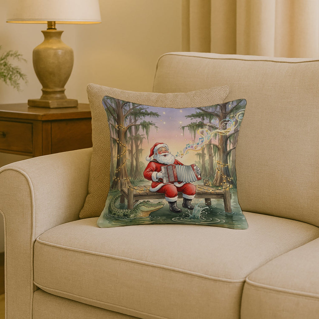 Cajun Santa Claus and the Accordion Gator Christmas Decorative Throw Pillow 18x18 Indoor Outdoor Accent Cushion, Fabric Cover with Insert for Sofa, Bed, Porch & Living Room