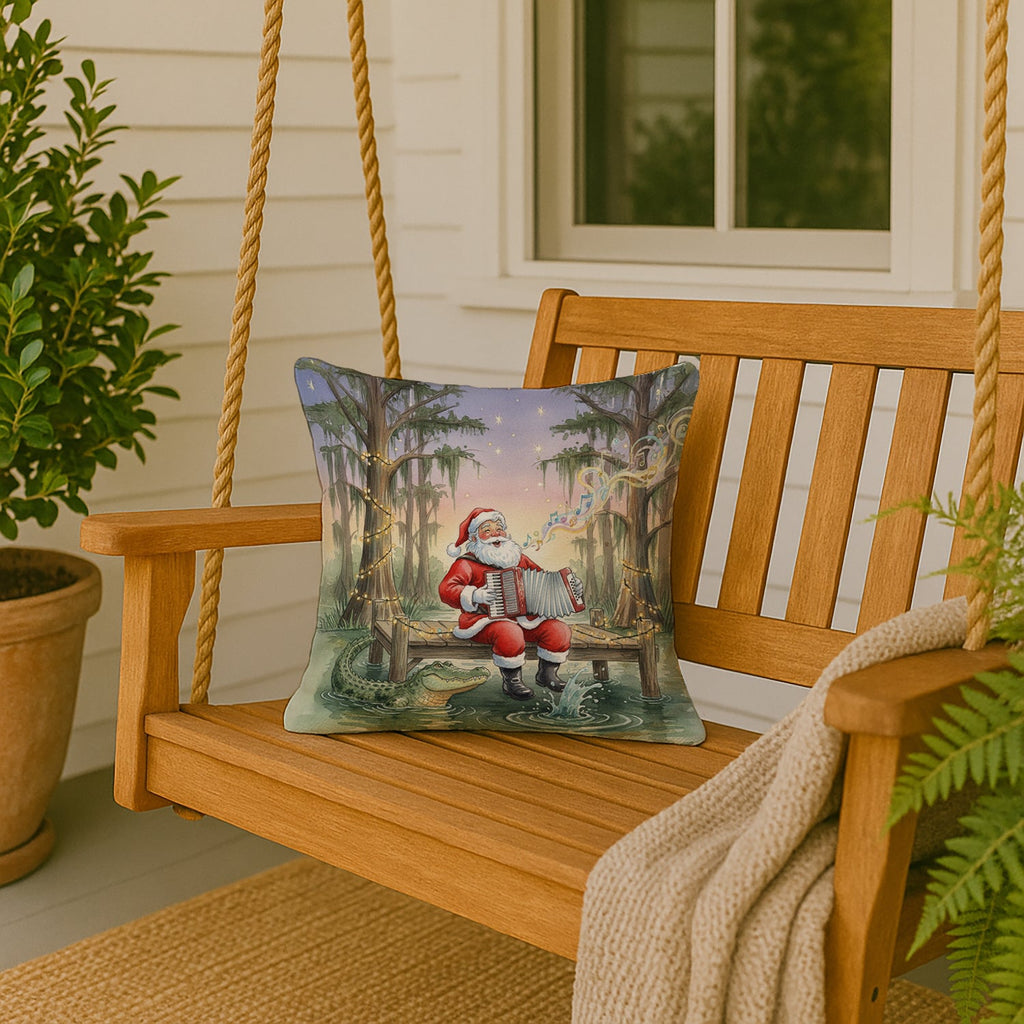 Cajun Santa Claus and the Accordion Gator Christmas Decorative Throw Pillow 18x18 Indoor Outdoor Accent Cushion, Fabric Cover with Insert for Sofa, Bed, Porch & Living Room
