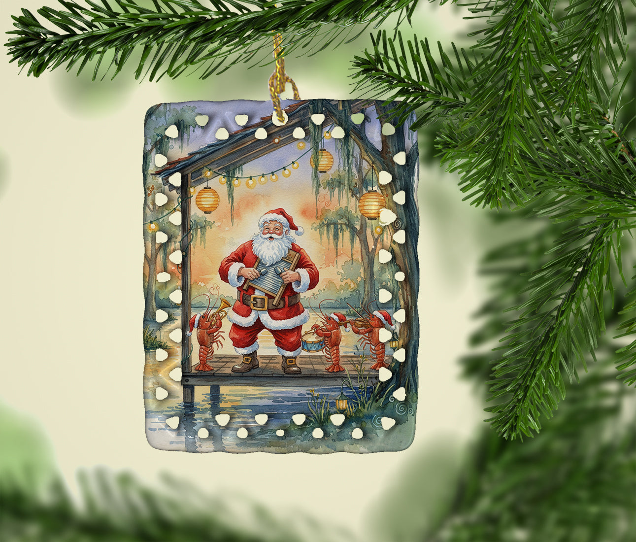 Cajun Santa Claus and the Crawfish Band Christmas Porcelain Ornament Christmas Tree Hanging Decorations for Home Christmas Holiday, Rectangle, Gift, Multicolor
