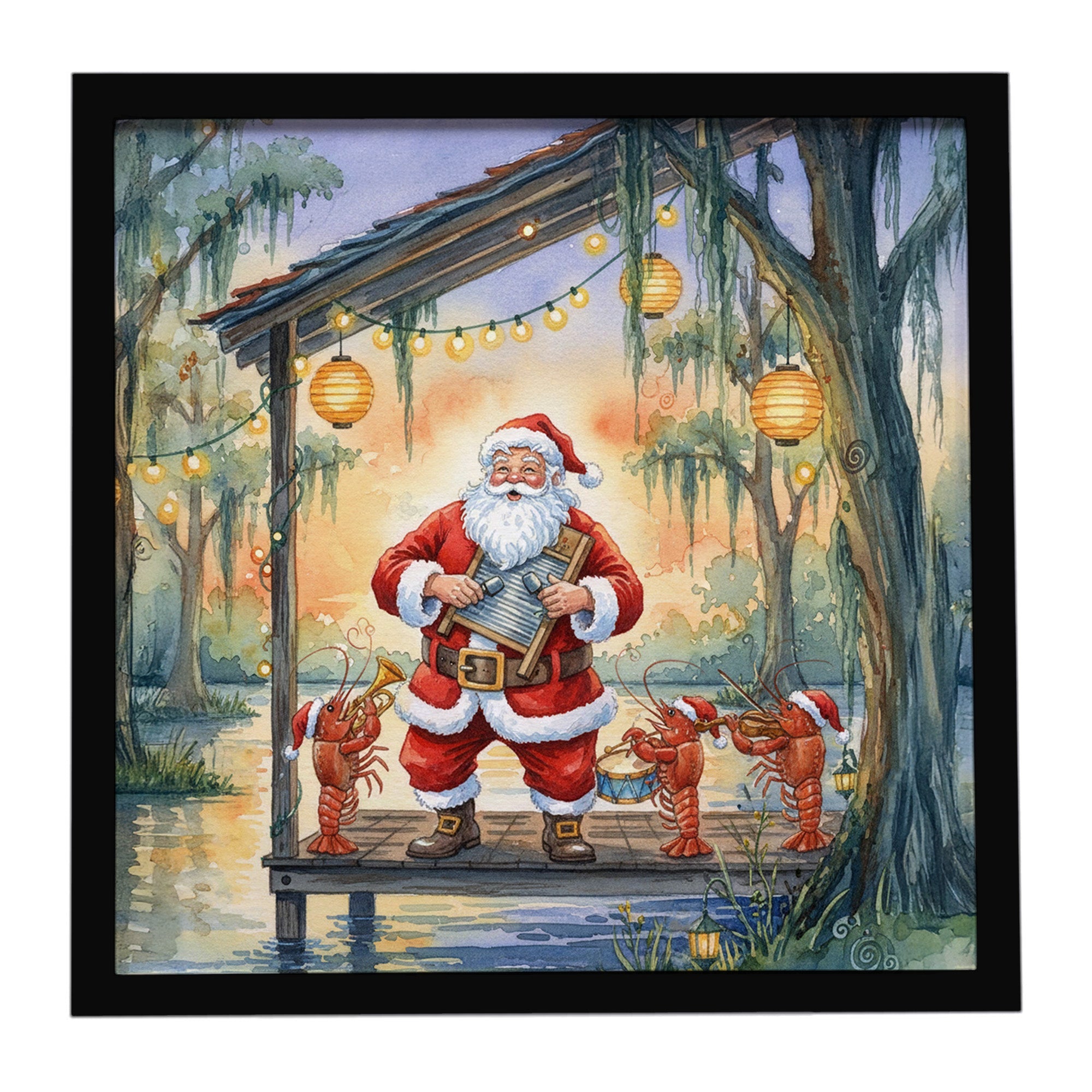 Cajun Santa Claus and the Crawfish Band Christmas Framed Metal Print Bathroom, Kitchen, Office, Home Decor Wall Art Ready to Hang, Square, 8X8