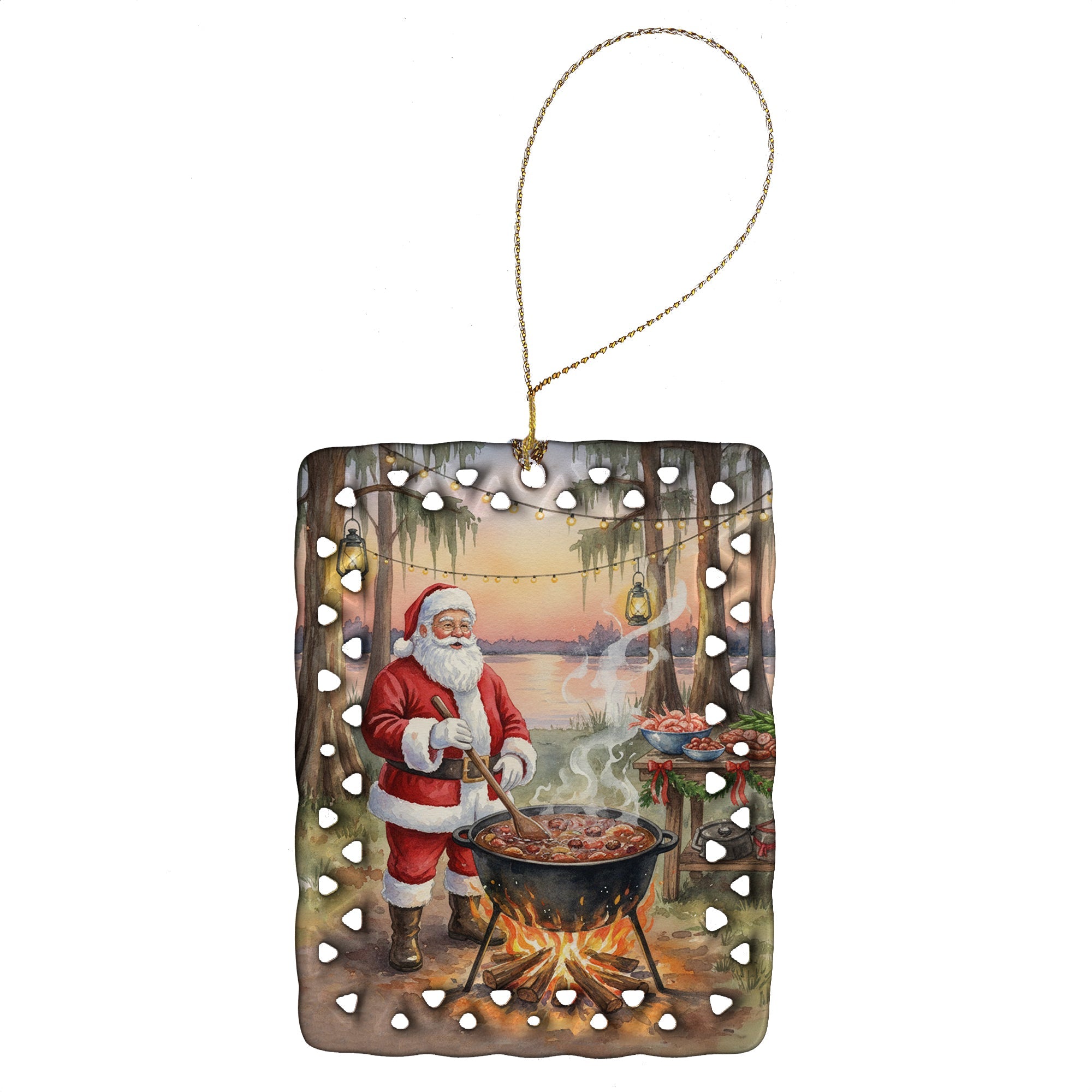 Cajun Santa Claus Cooking Gumbo Christmas Porcelain Ornament Christmas Tree Hanging Decorations for Home Christmas Holiday, Rectangle, Gift, Multicolor