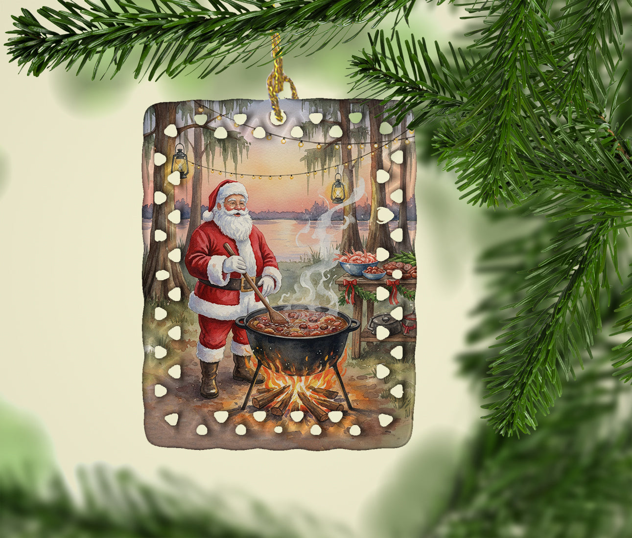 Cajun Santa Claus Cooking Gumbo Christmas Porcelain Ornament Christmas Tree Hanging Decorations for Home Christmas Holiday, Rectangle, Gift, Multicolor
