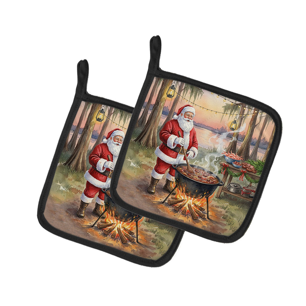 Cajun Santa Claus Cooking Gumbo Christmas Pot Holder Set of 2 Heat Resistant Quilted Hot Pads 7.5 x 7.5 Inch, Insulated Kitchen Trivets for Cooking & Baking