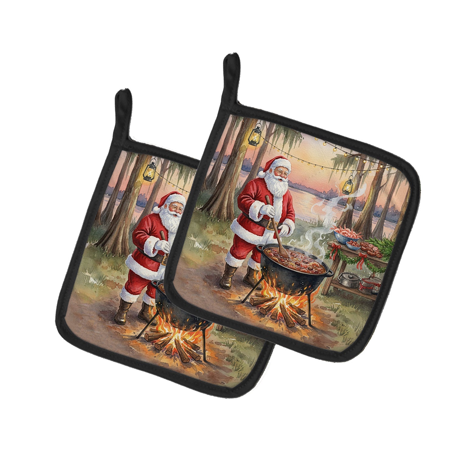 Cajun Santa Claus Cooking Gumbo Christmas Pot Holder Set of 2 Heat Resistant Quilted Hot Pads 7.5 x 7.5 Inch, Insulated Kitchen Trivets for Cooking & Baking