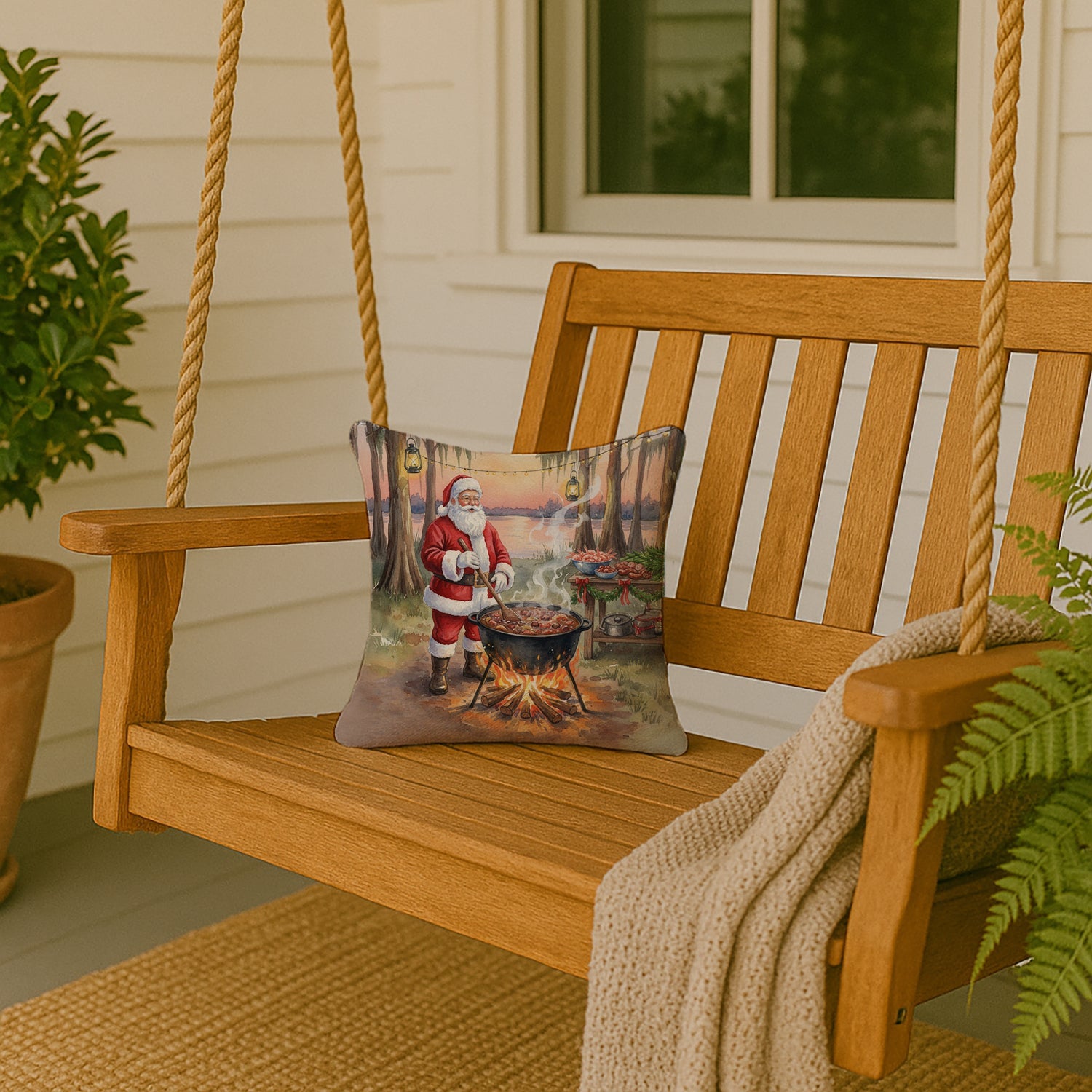 Cajun Santa Claus Cooking Gumbo Christmas Decorative Throw Pillow 14x14 Indoor Outdoor Accent Cushion, Fabric Cover with Insert for Sofa, Bed, Porch & Living Room
