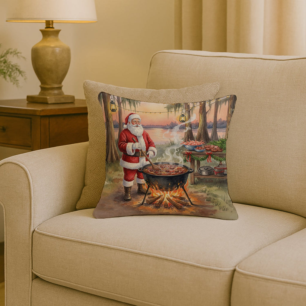 Cajun Santa Claus Cooking Gumbo Christmas Decorative Throw Pillow 18x18 Indoor Outdoor Accent Cushion, Fabric Cover with Insert for Sofa, Bed, Porch & Living Room