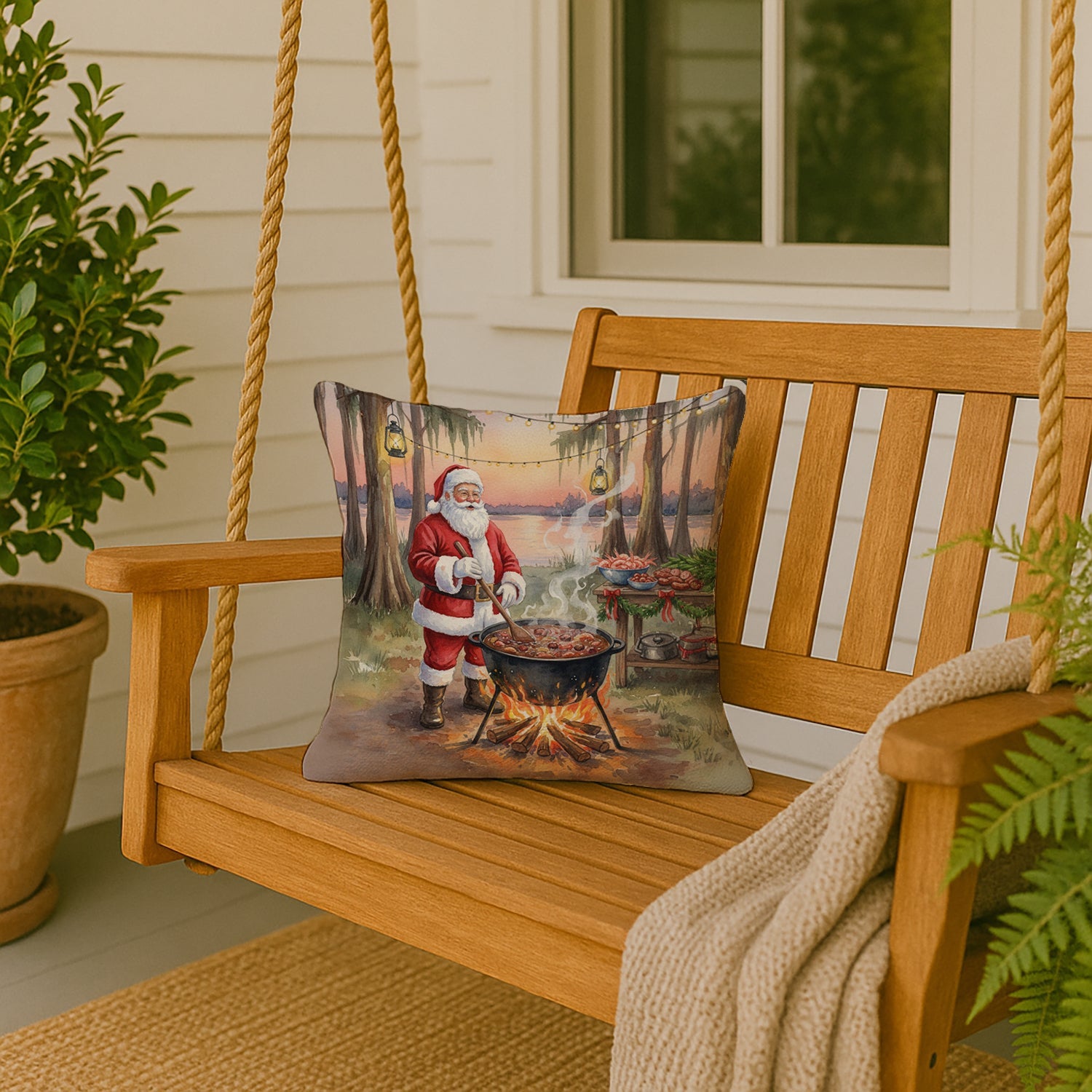 Cajun Santa Claus Cooking Gumbo Christmas Decorative Throw Pillow 18x18 Indoor Outdoor Accent Cushion, Fabric Cover with Insert for Sofa, Bed, Porch & Living Room