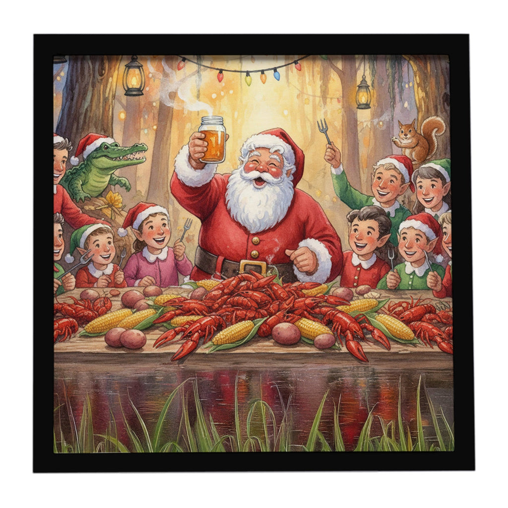 Cajun Santa Claus Crawfish Boil Christmas Framed Metal Print Bathroom, Kitchen, Office, Home Decor Wall Art Ready to Hang, Square, 8X8