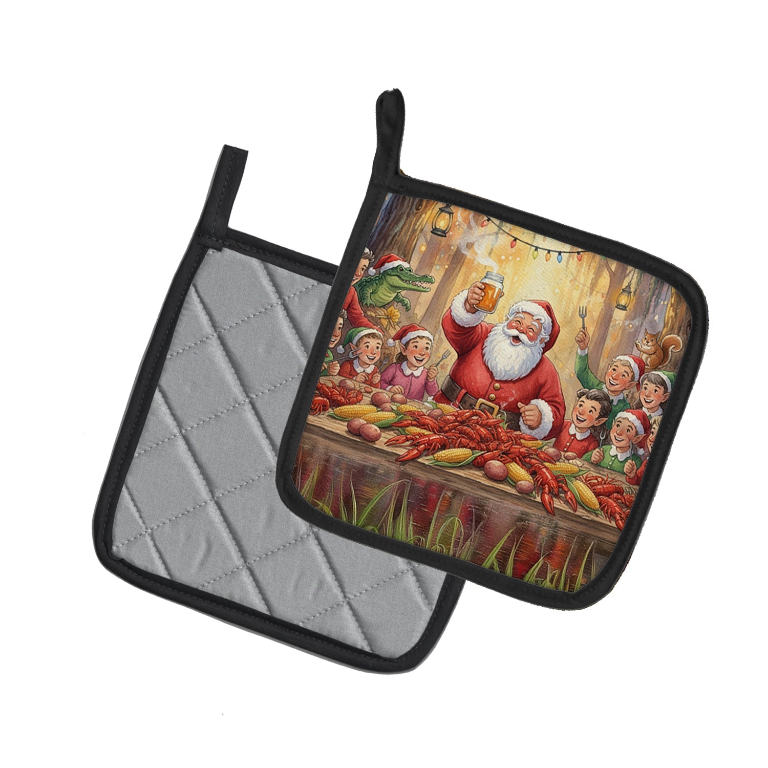 Cajun Santa Claus Crawfish Boil Christmas Pot Holder Set of 2 Heat Resistant Quilted Hot Pads 7.5 x 7.5 Inch, Insulated Kitchen Trivets for Cooking & Baking