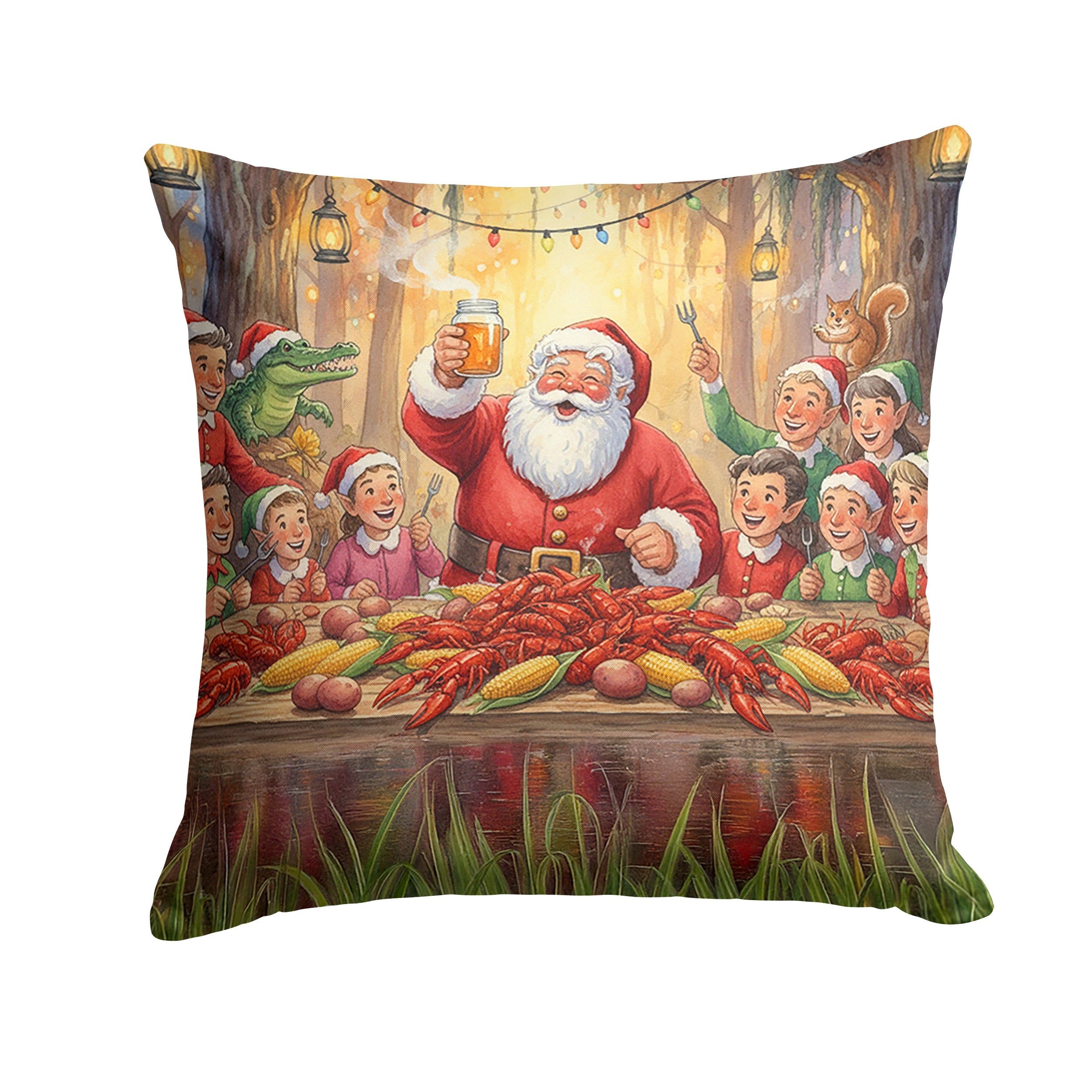Cajun Santa Claus Crawfish Boil Christmas Decorative Throw Pillow 14x14 Indoor Outdoor Accent Cushion, Fabric Cover with Insert for Sofa, Bed, Porch & Living Room