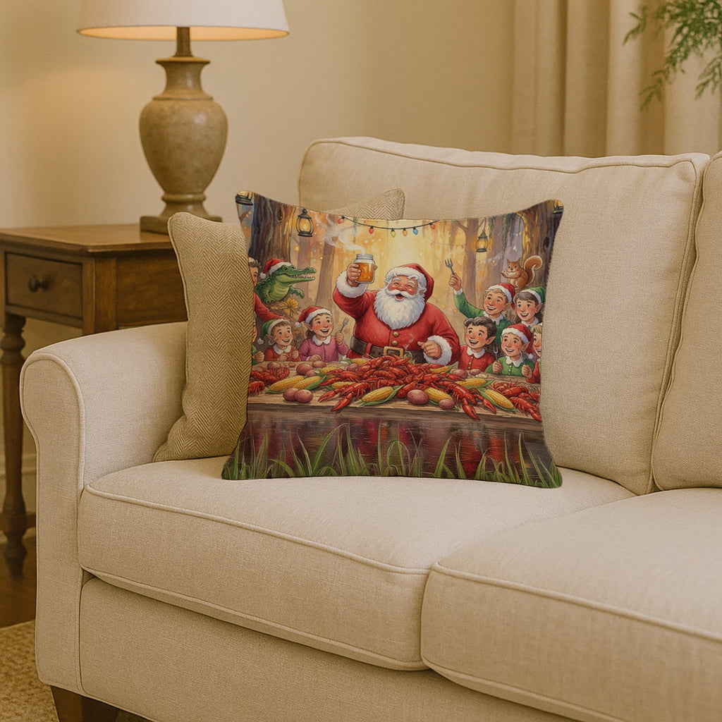 Cajun Santa Claus Crawfish Boil Christmas Decorative Throw Pillow 14x14 Indoor Outdoor Accent Cushion, Fabric Cover with Insert for Sofa, Bed, Porch & Living Room