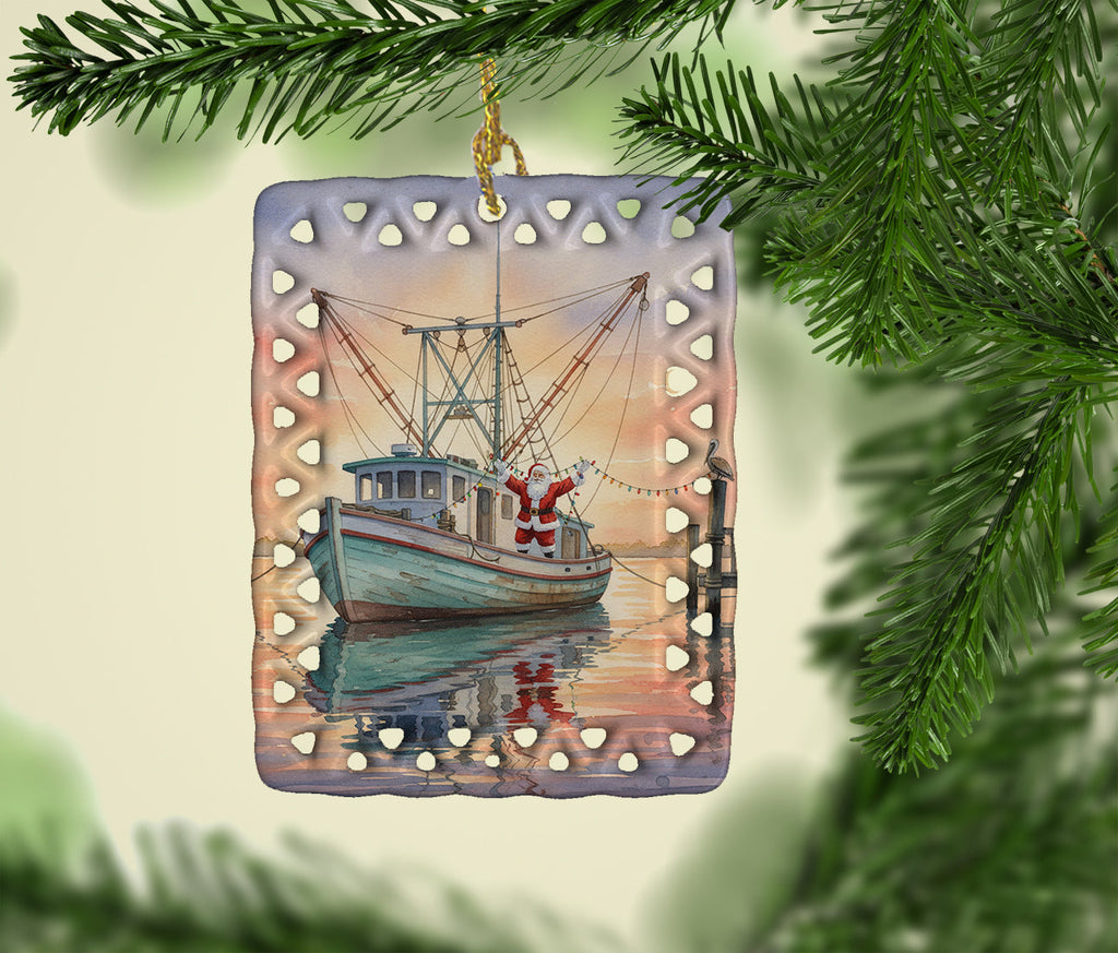 Cajun Santa Claus Decorating a Shrimp Boat Christmas Porcelain Ornament Christmas Tree Hanging Decorations for Home Christmas Holiday, Rectangle, Gift, Multicolor